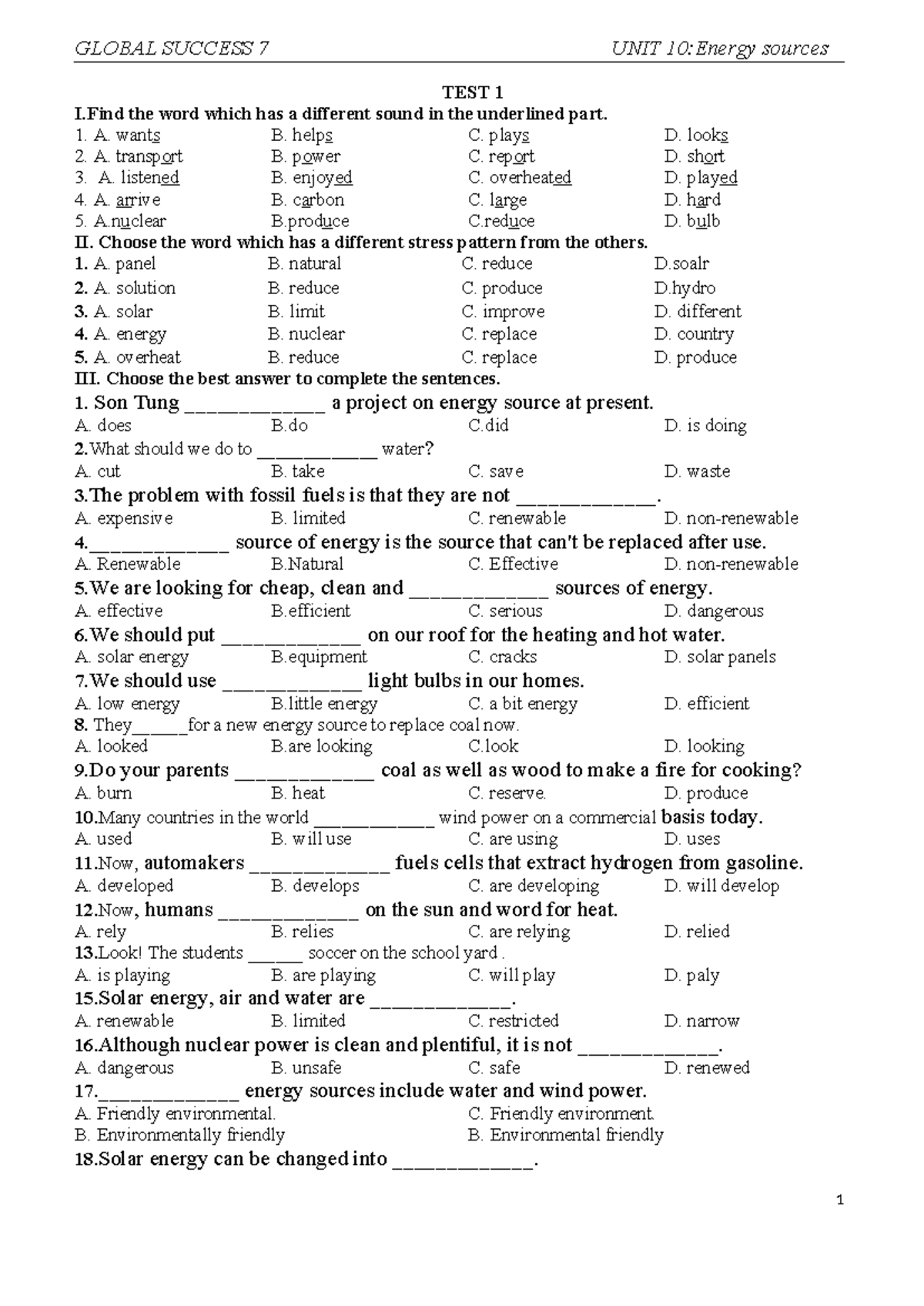 GLOBAL SUCCESS 7 UNIT 10: Energy Sources Practice Test - Studocu