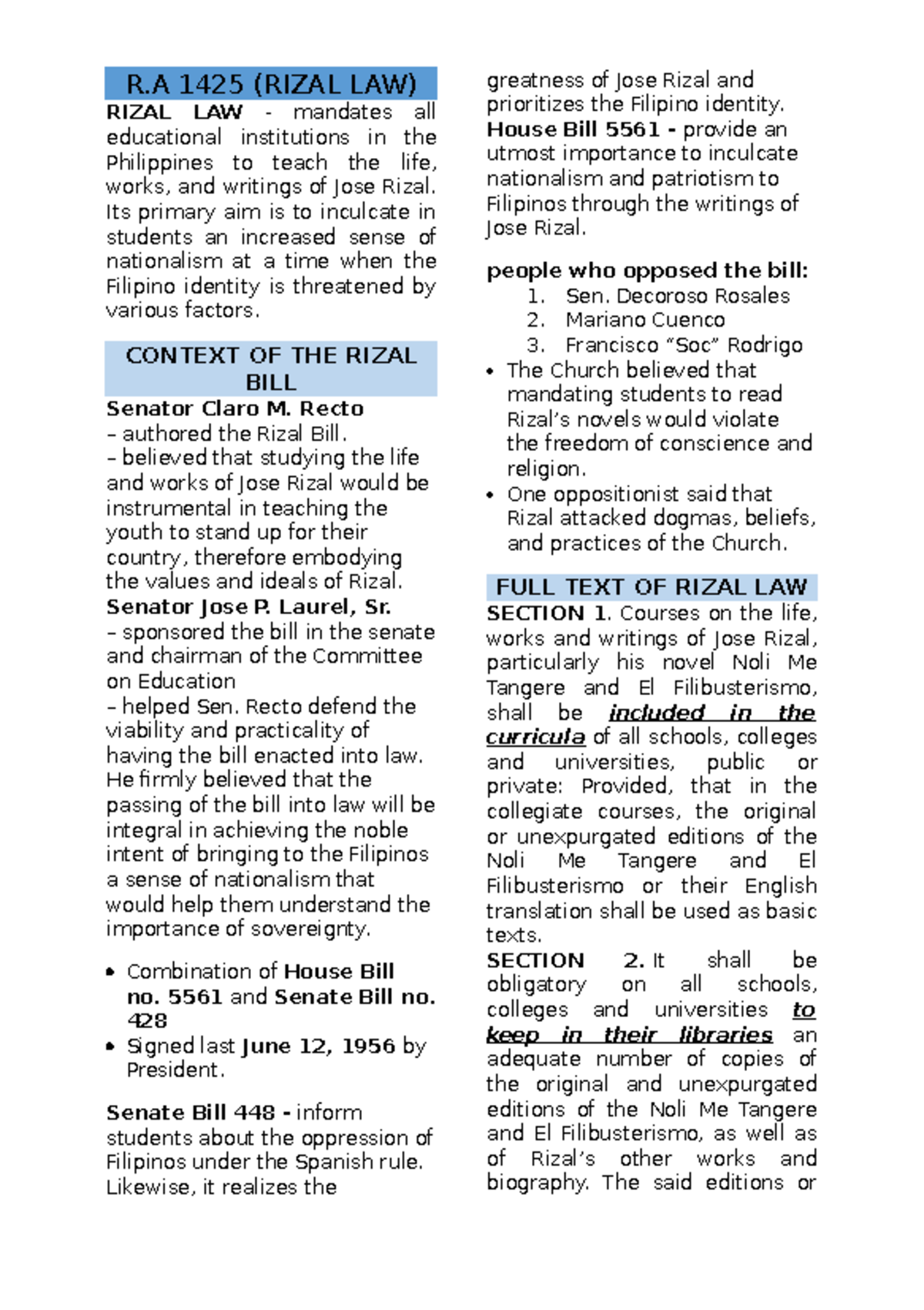 Rizal notes L1-2 - R 1425 (RIZAL LAW) RIZAL LAW - mandates all ...