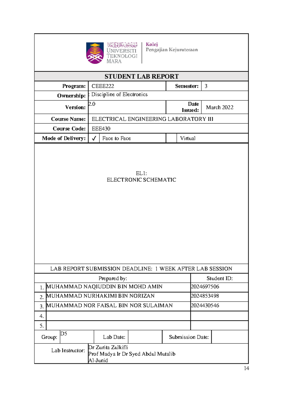 EL1 D5 - Electronics Lab Report and Quiz Submission - Studocu