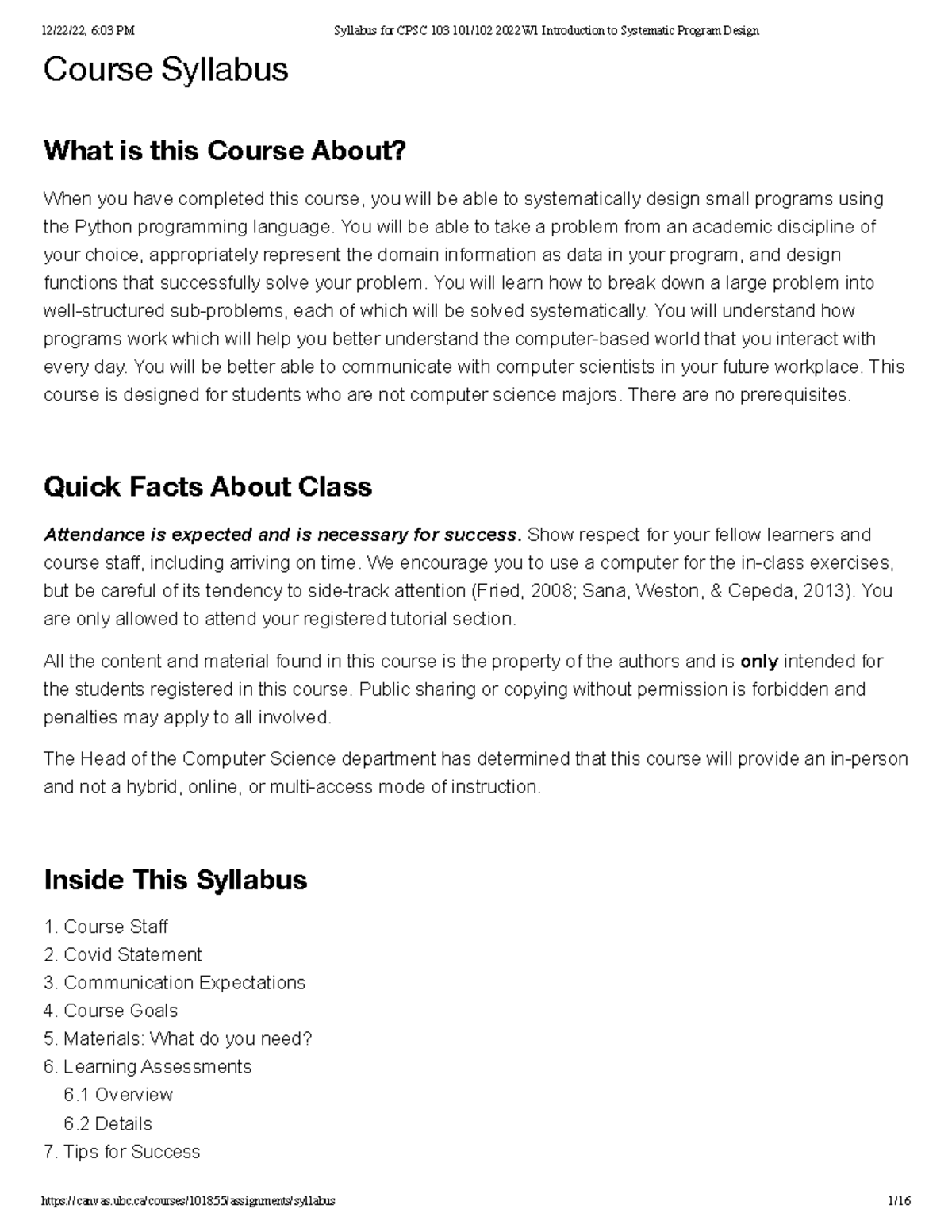 CPSC 103 Syllabus for Winter 2022: Introduction to Systematic Program ...