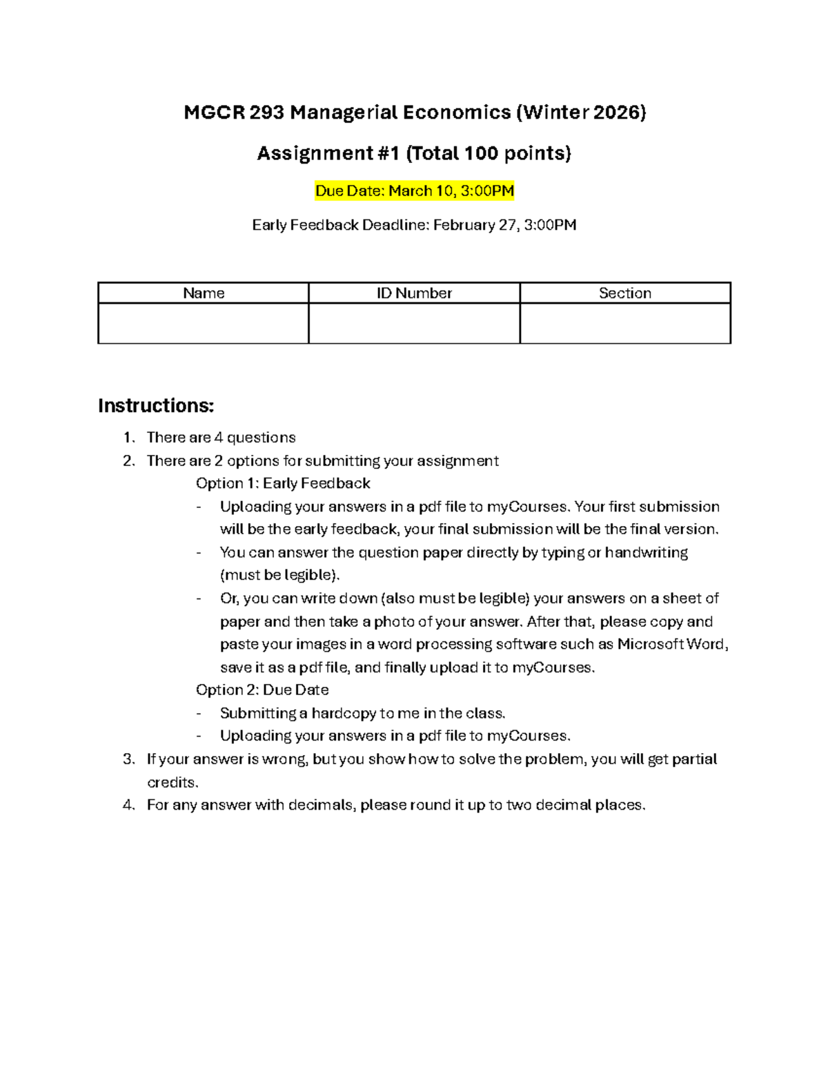 MGCR 293 Managerial Economics - W2026 Assignment 1 Guide - Studocu