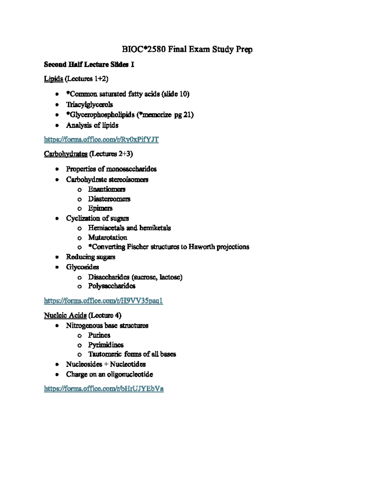 BIOC2580 Final Exam Study Guide: Lecture Notes on Lipids & Metabolism ...