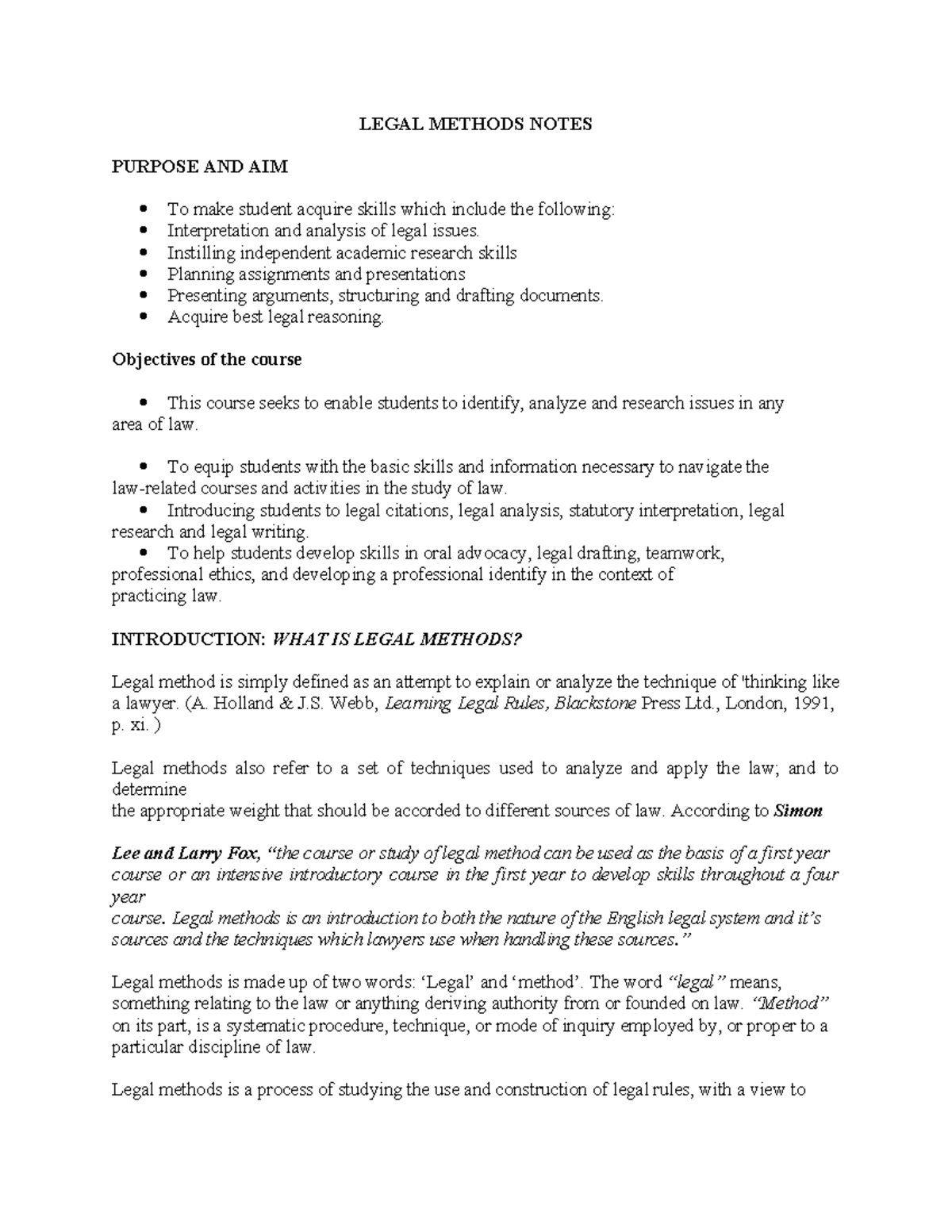 LEGAL METHODS NOTES (LAW 101): Skills, Research, and Techniques - Studocu
