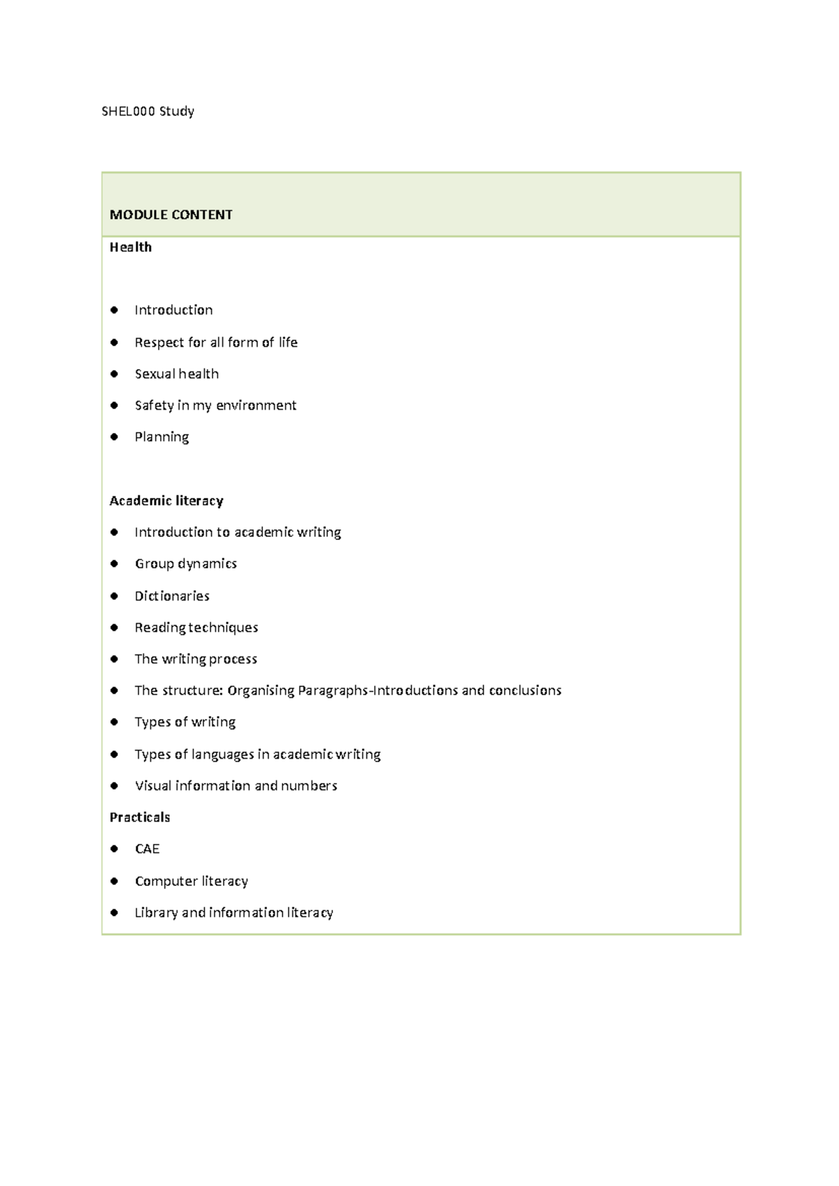 SHEL000 Content - Study plan - SHEL000 Study MODULE CONTENT Health ...