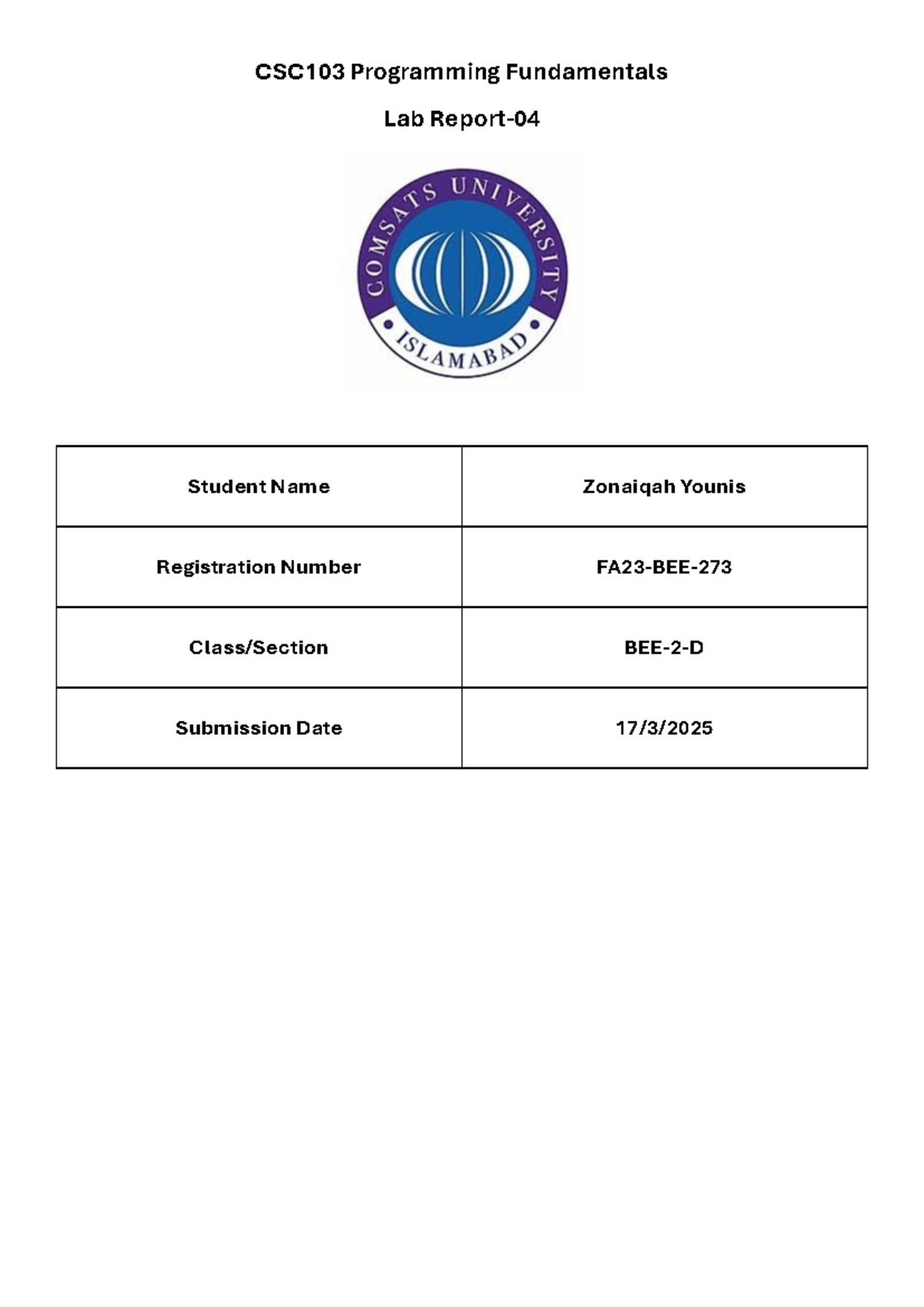 CSC103 Lab Report 4: Programming Fundamentals Tasks & Solutions - Studocu