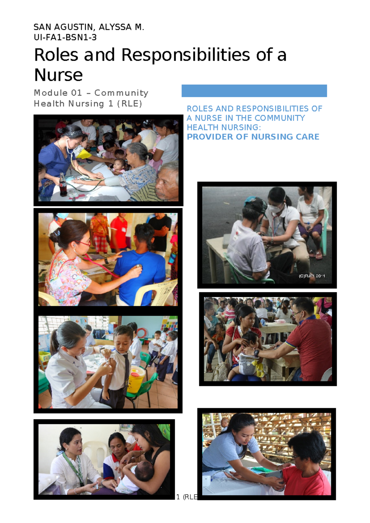 Community Health Nursing Module RLE 1-12: Roles & Responsibilities ...