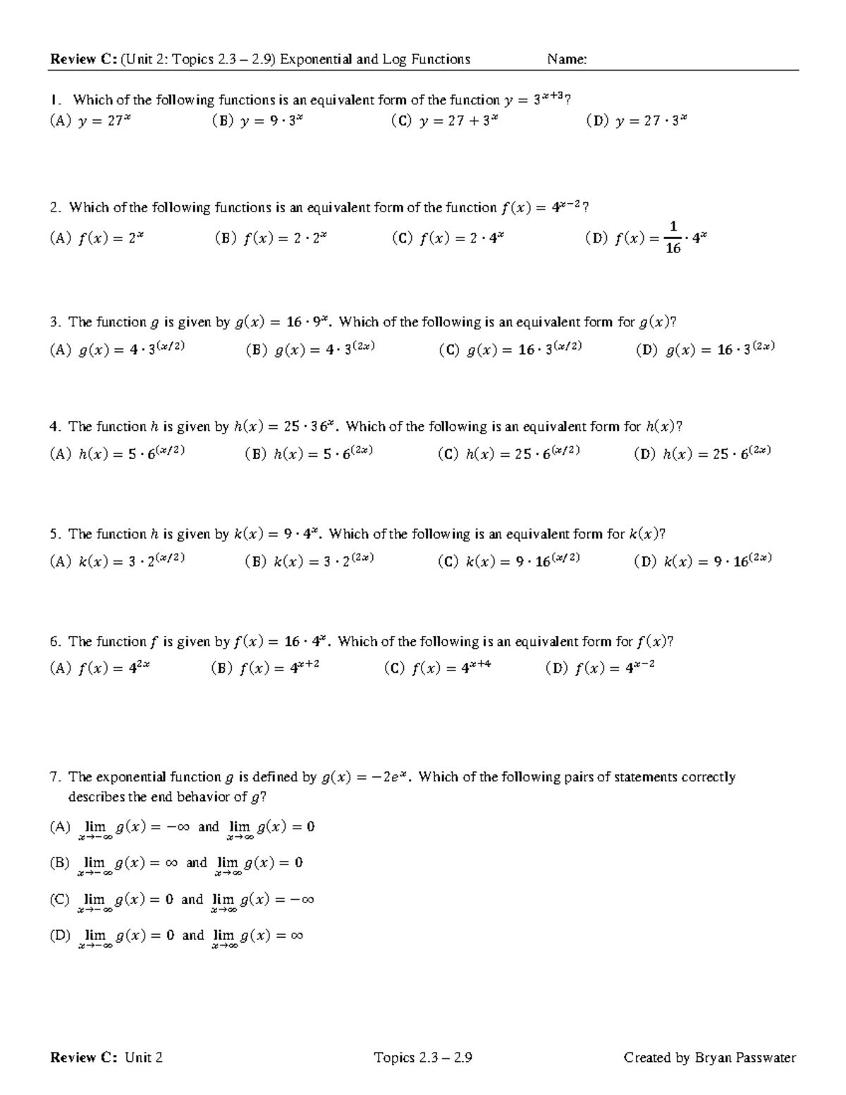Review C: Unit 2 Topics 2.3 - 2.9 on Exponential & Log Functions - Studocu