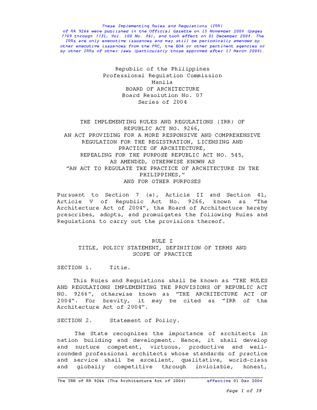 IRR of RA 9266: Implementing Rules for the Architecture Act of 2004 ...