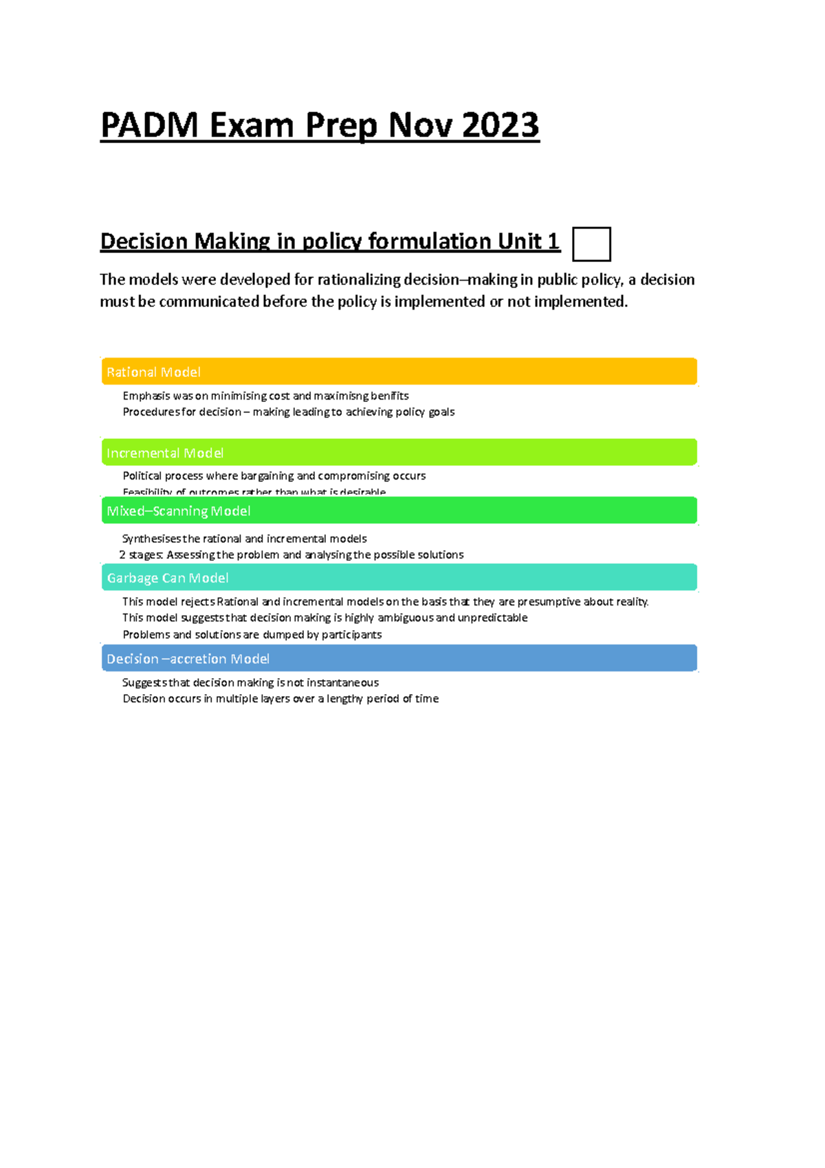 PADM 2023 Exam Prep: Decision-Making Models & Responsibilities - Studocu