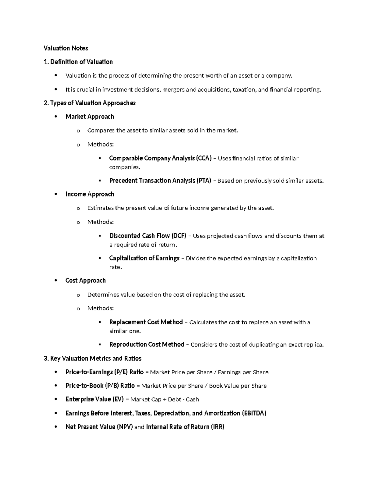 Valuation Notes - Definition of Valuation Valuation is the process of ...