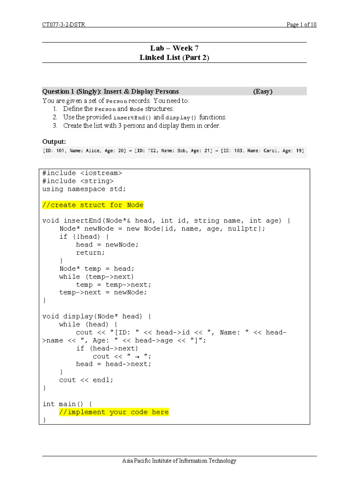 Lab Week 7 - Linked List (Part 2) Exercises and Solutions - Studocu