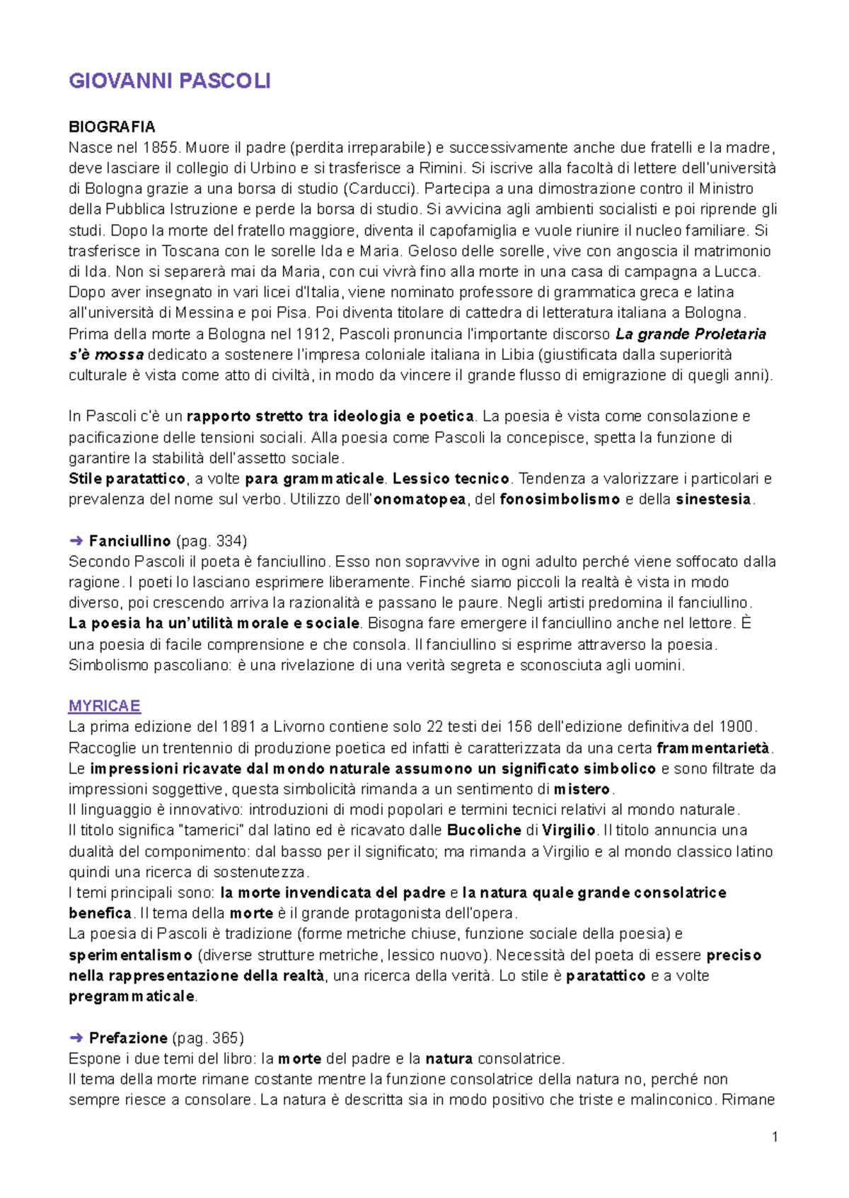 GIOVANNI PASCOLI: Biografia e Temi Principali della Sua Poesia - Studocu