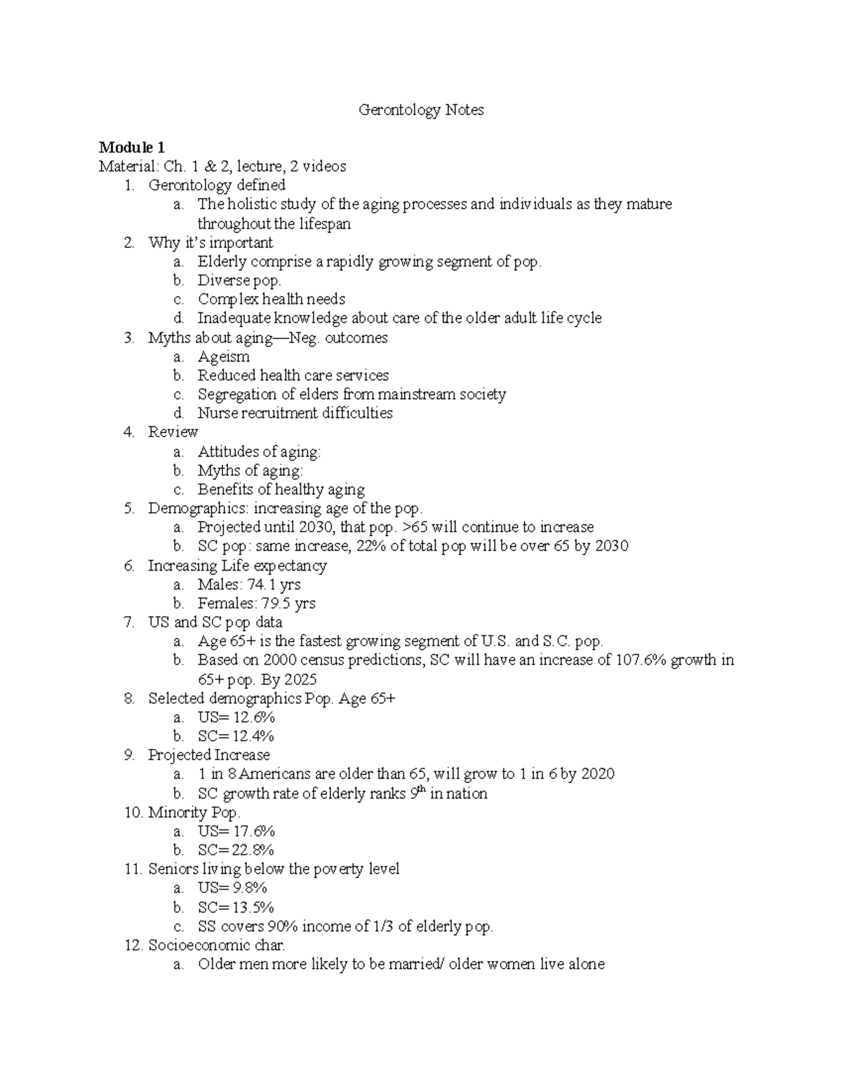 Gerontology Notes (Module 1): Holistic Study of Aging Processes - Studocu