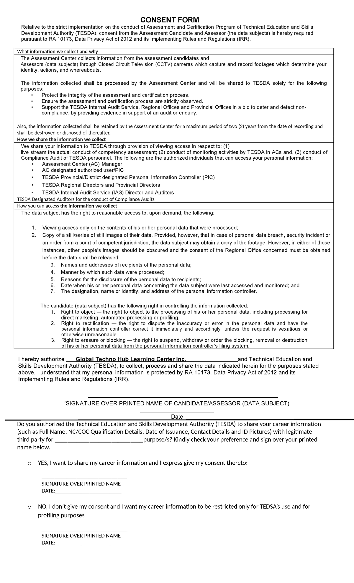 TESDA Consent Form for Assessment Candidates and Assessors 2025 - Studocu