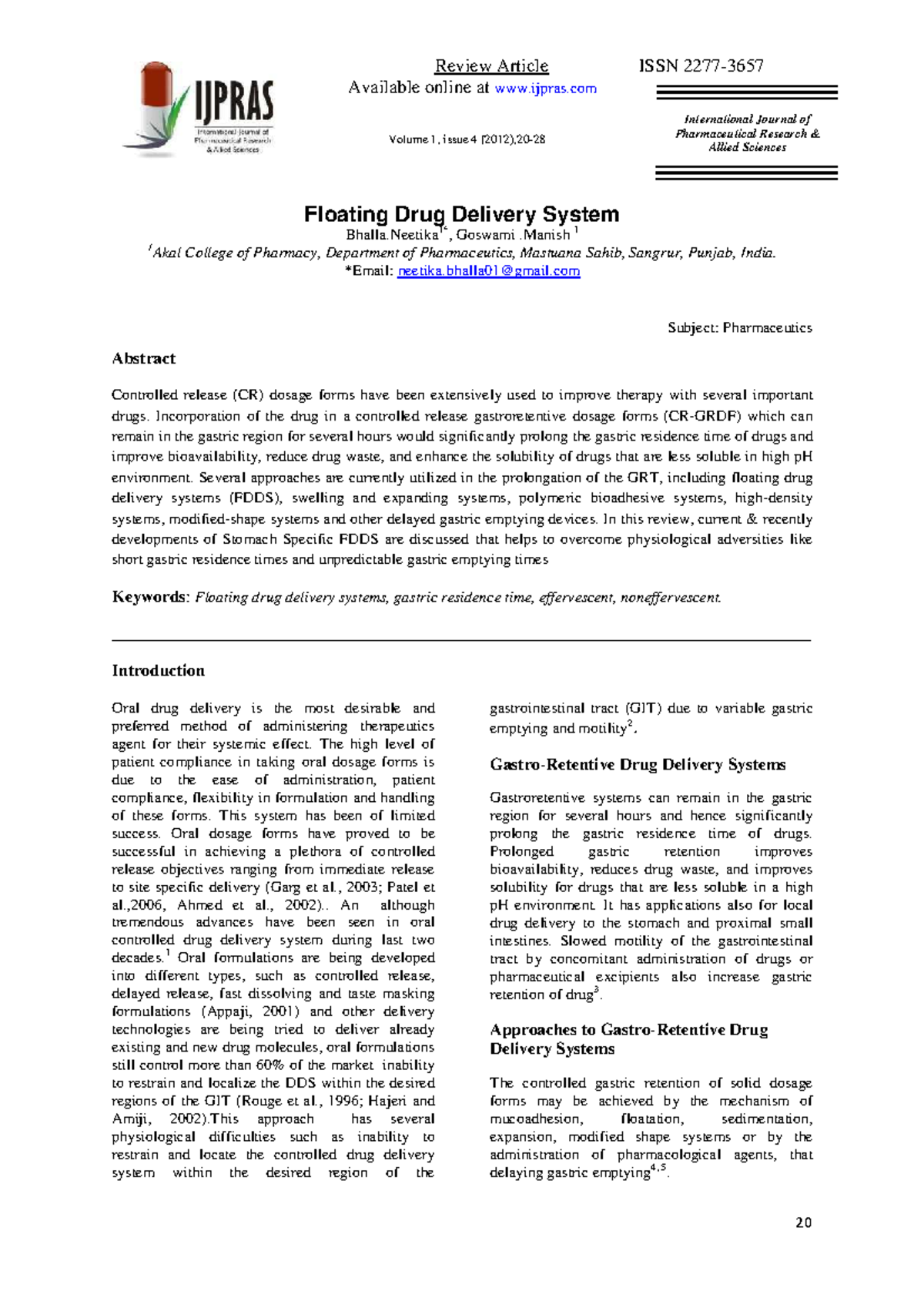 Floating Drug Delivery Systems: A Review of Recent Advances in ...