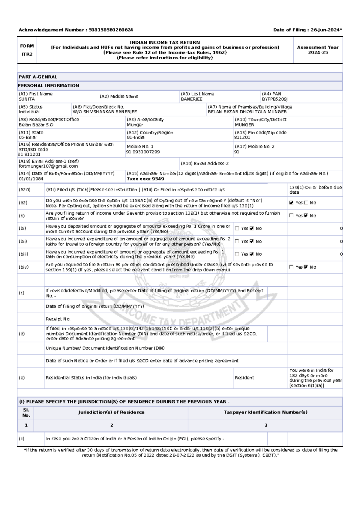 Indian Income Tax Return (ITR) Form for AY 2024 - Individual Submission ...