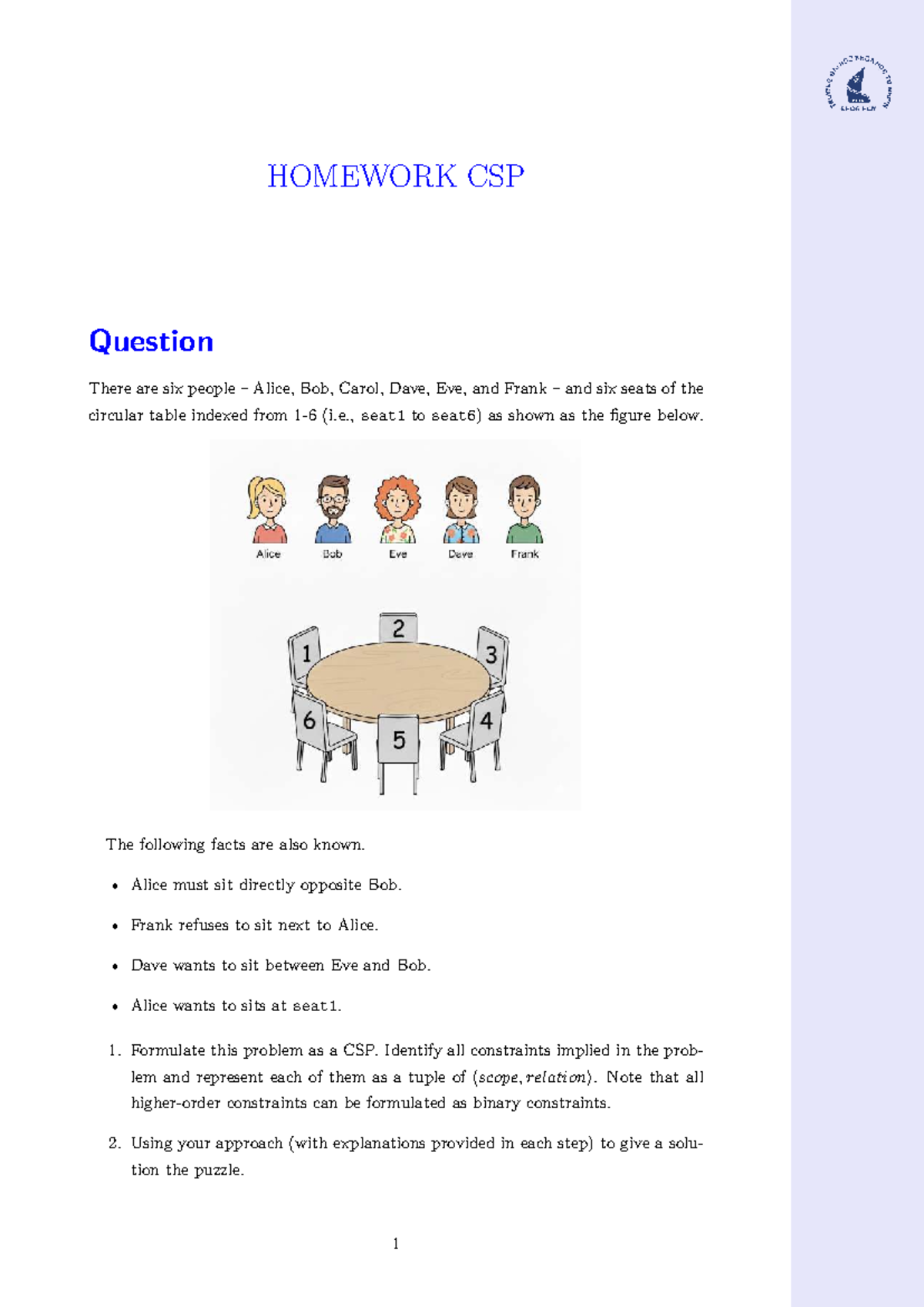 CSP Homework: Seating Arrangement Problem Analysis - Studocu