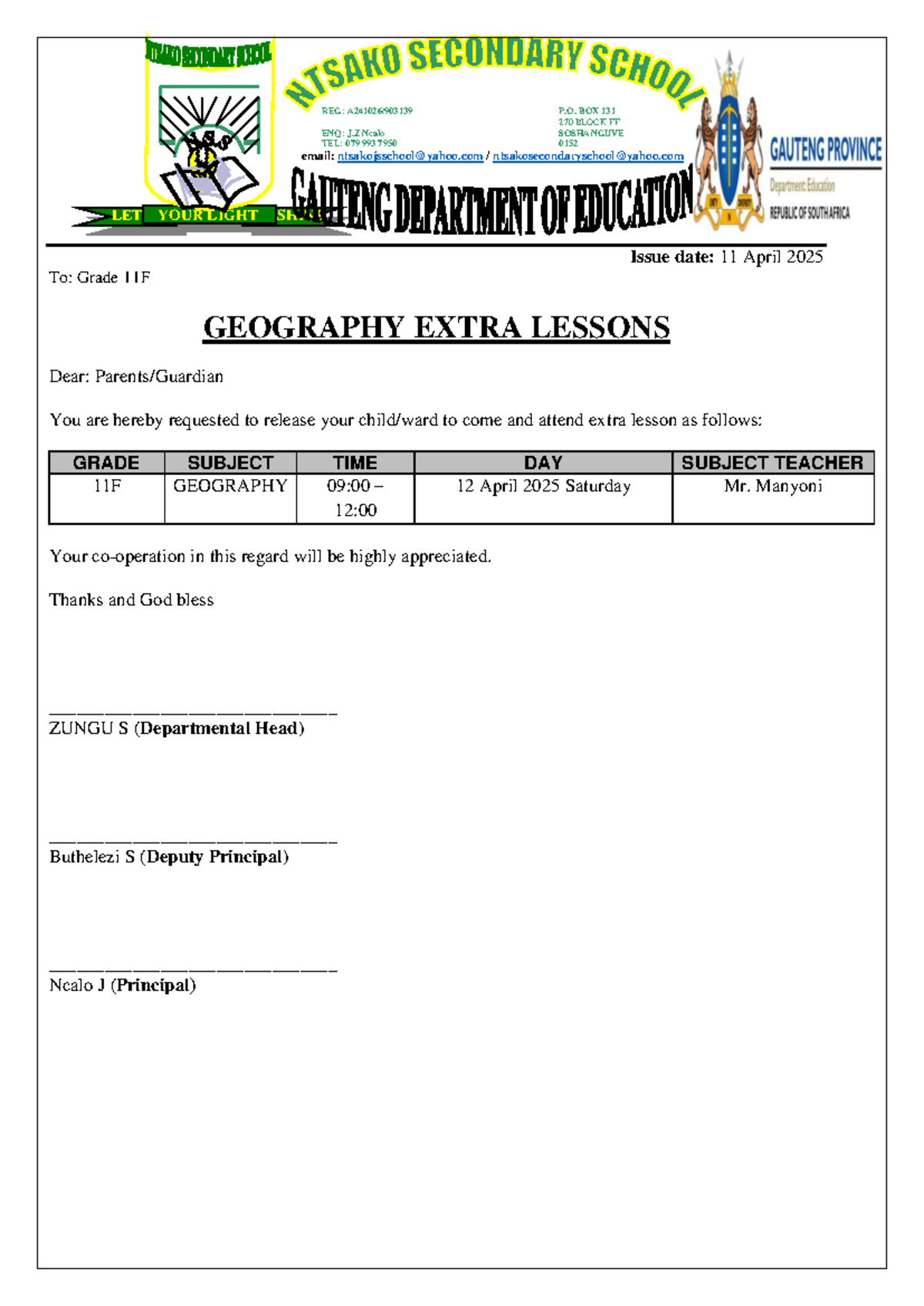 Extra lessons template - REG: A241026/903139 P. BOX 131 270 BLOCK FF ...