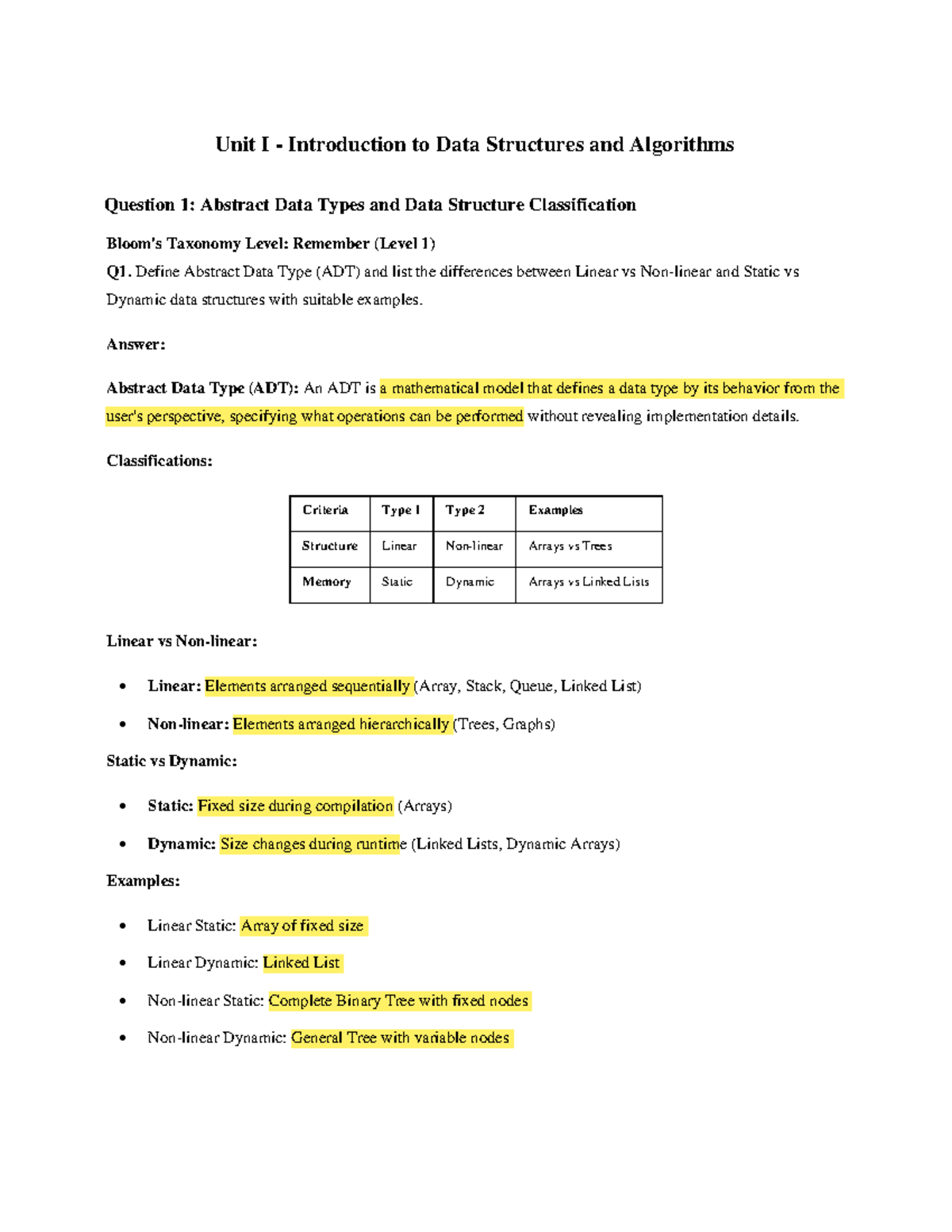 Data Structures & Algorithms Q&A for DSE Unit Test - Studocu