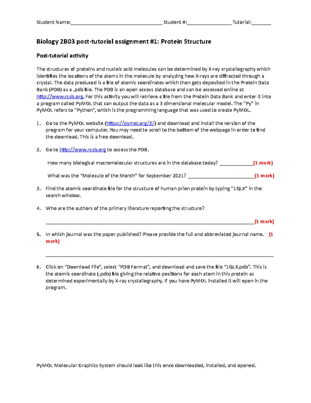 F21 Bio 2B03 post-tutorial assignment 1 protein structure - 2B03 ...