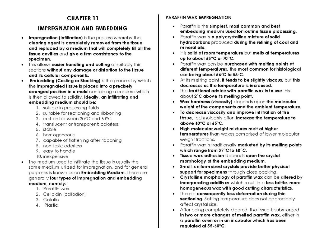 CHAPTER 11: Impregnation and Embedding Techniques in Histology - Studocu
