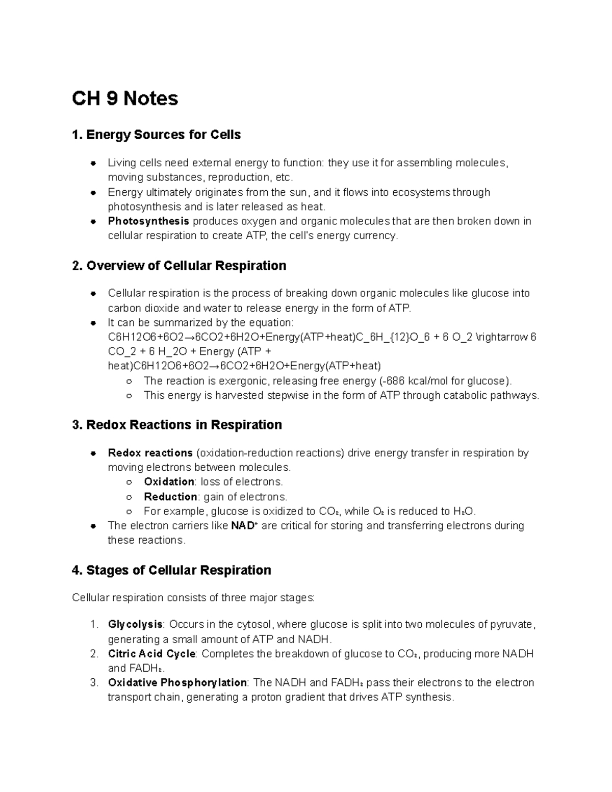 Cellular Respiration Overview - Chapter 9 Notes - Studocu