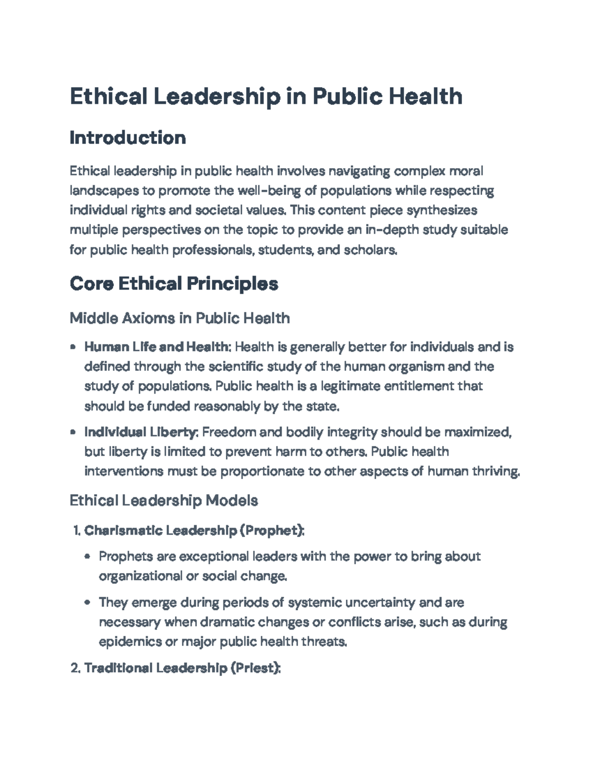 Ethical Leadership in Public Health: Principles and Challenges ...