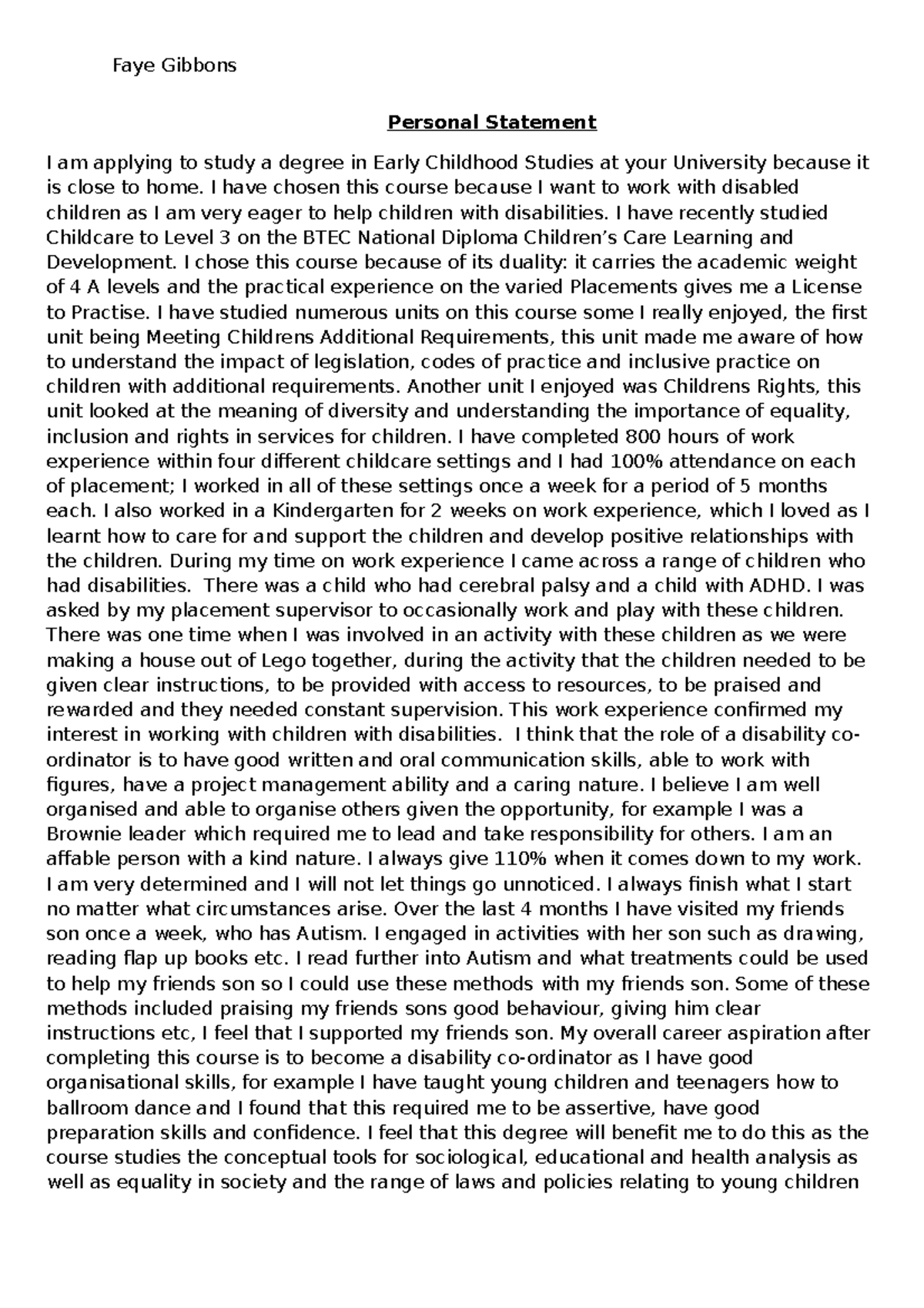 Personal Statement - Faye Gibbons Personal Statement I am applying to ...