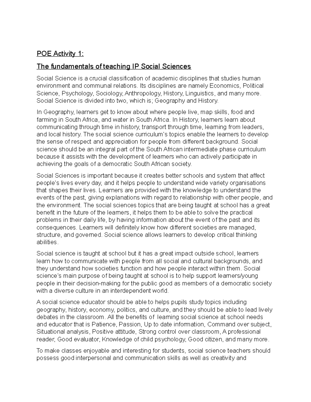 TISS5111 POE - This is a Social Science Poe. I believe it will be a ...