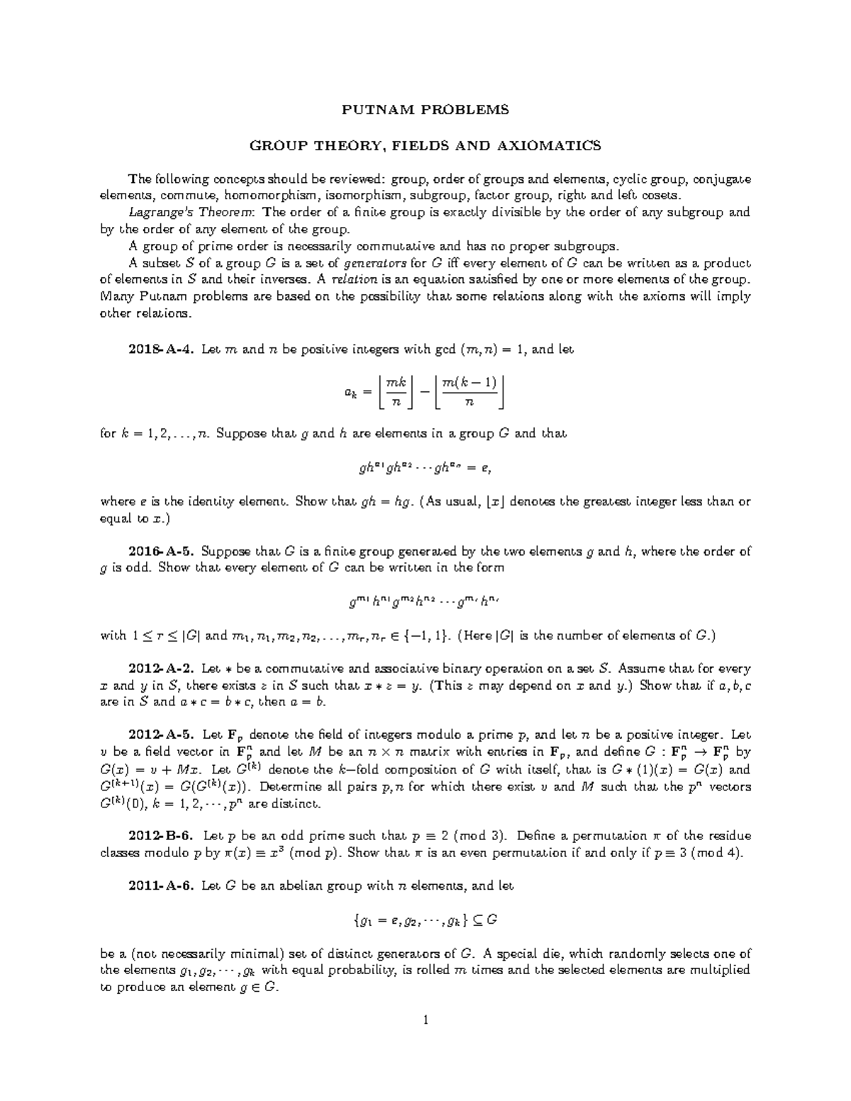 Putnam Group Theory Practice Problems - Complete Problem Set - Studocu