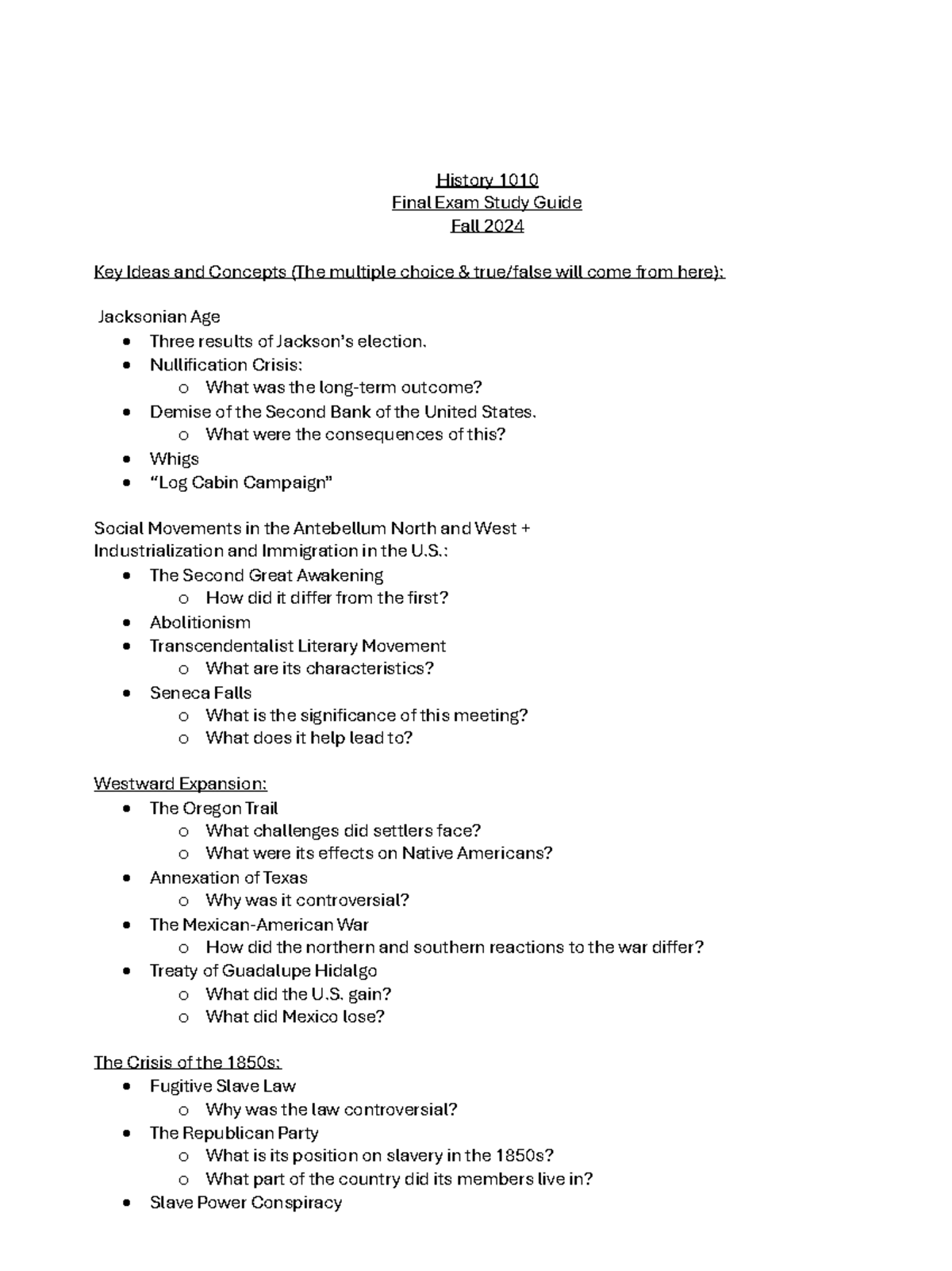 History 1010 Final Exam Study Guide: Key Concepts for Fall 2024 - Studocu
