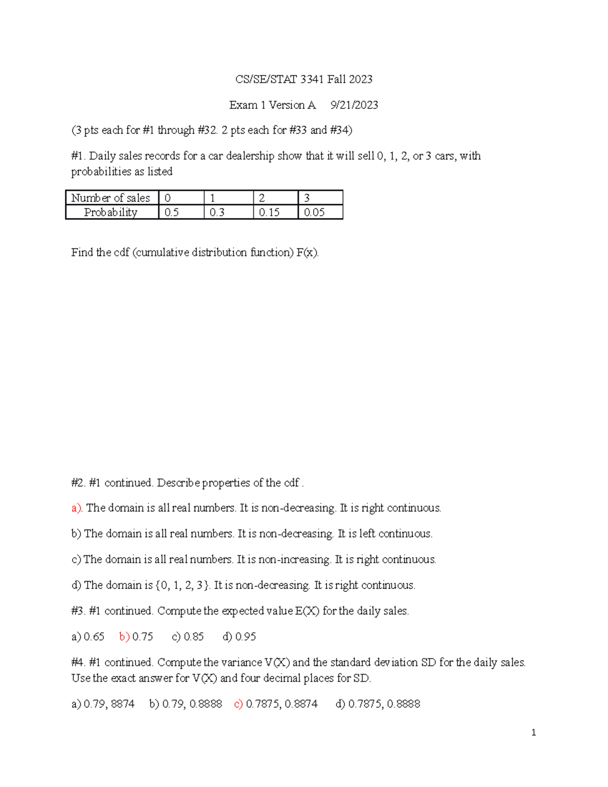 CS/SE/STAT 3341 Fall 2023 Exam 1 Version A Answer Key - Studocu