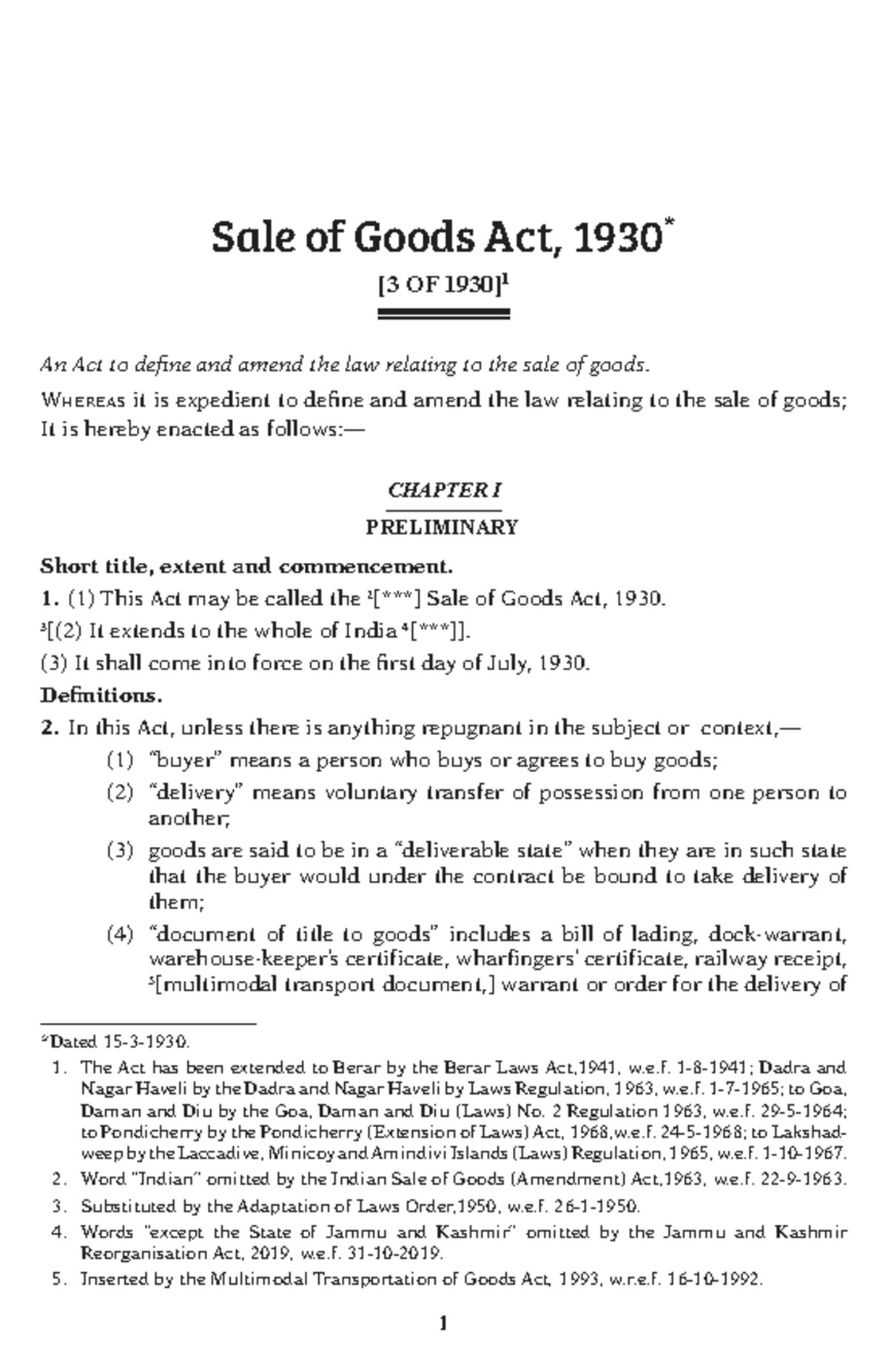 Sale of Goods Act, 1930 - Important Notes and Definitions - Studocu