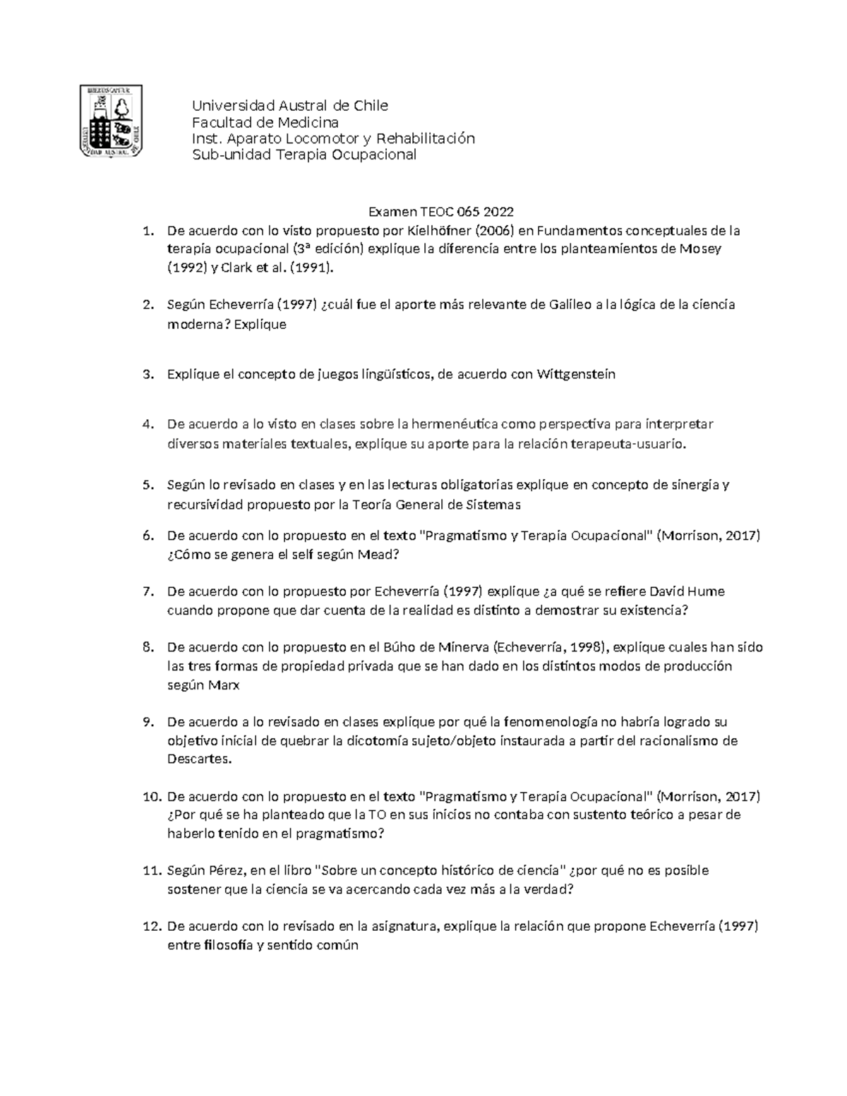 Examen TEOC 065 2022: Preguntas sobre Terapia Ocupacional y Filosofía ...