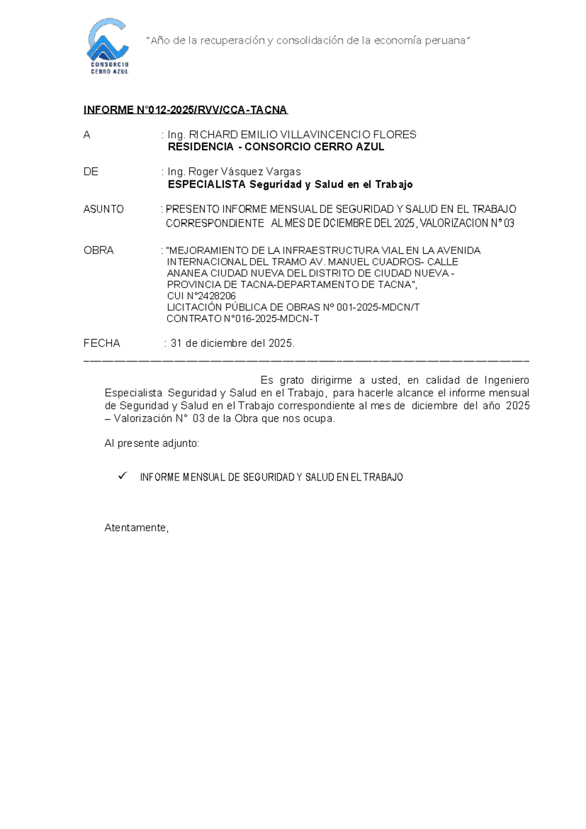 Informe Mensual de Seguridad y Salud en el Trabajo - Diciembre 2025 ...