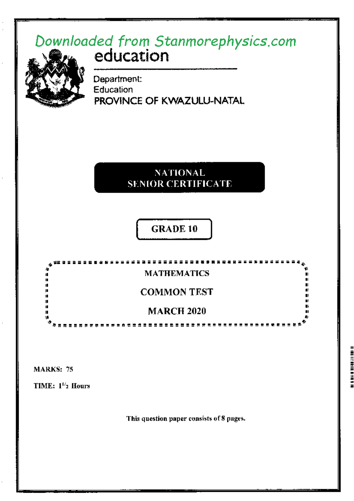 Mathematics Grade 10 March 2020 Common Test Marking Guidelines - Studocu