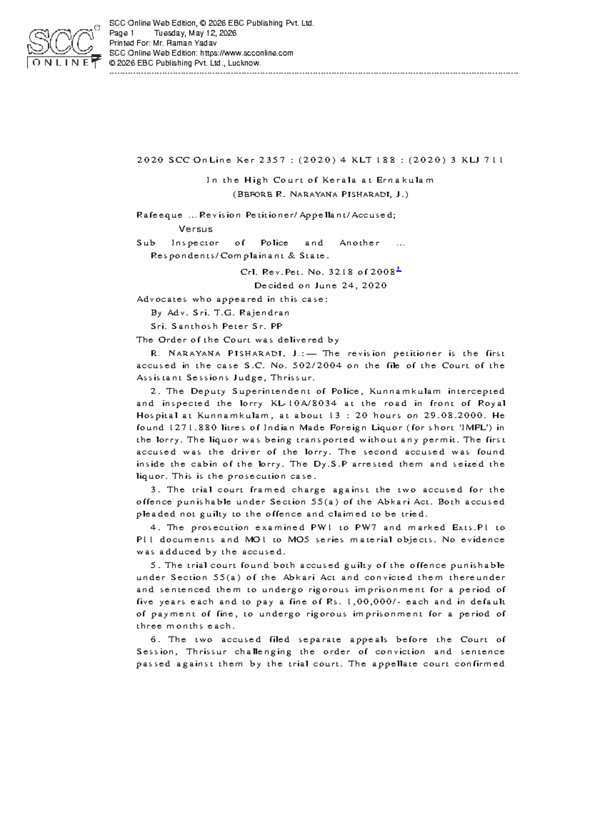 Rafeeque vs. Sub Inspector of Police: Crl. Rev.Pet. No. 3218, 2020 ...