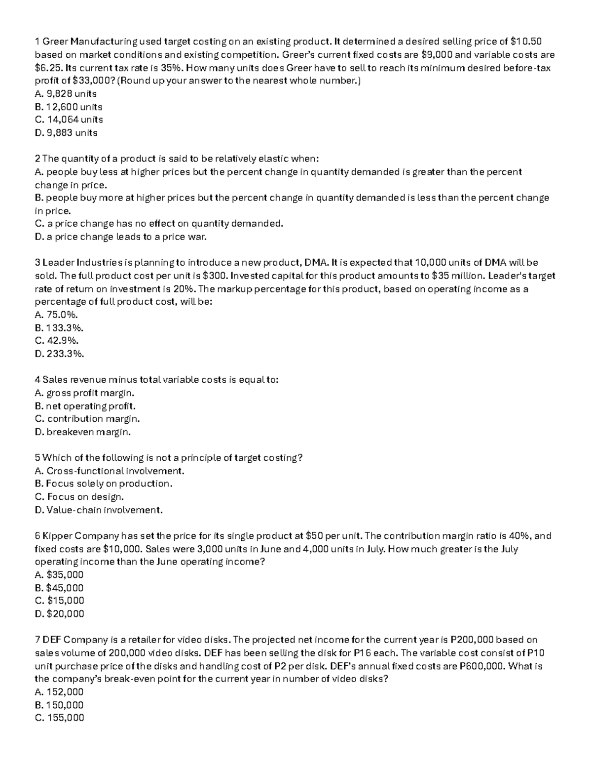 QUIZ-1-CM2023 - Target Costing and Profit Analysis Questions - Studocu