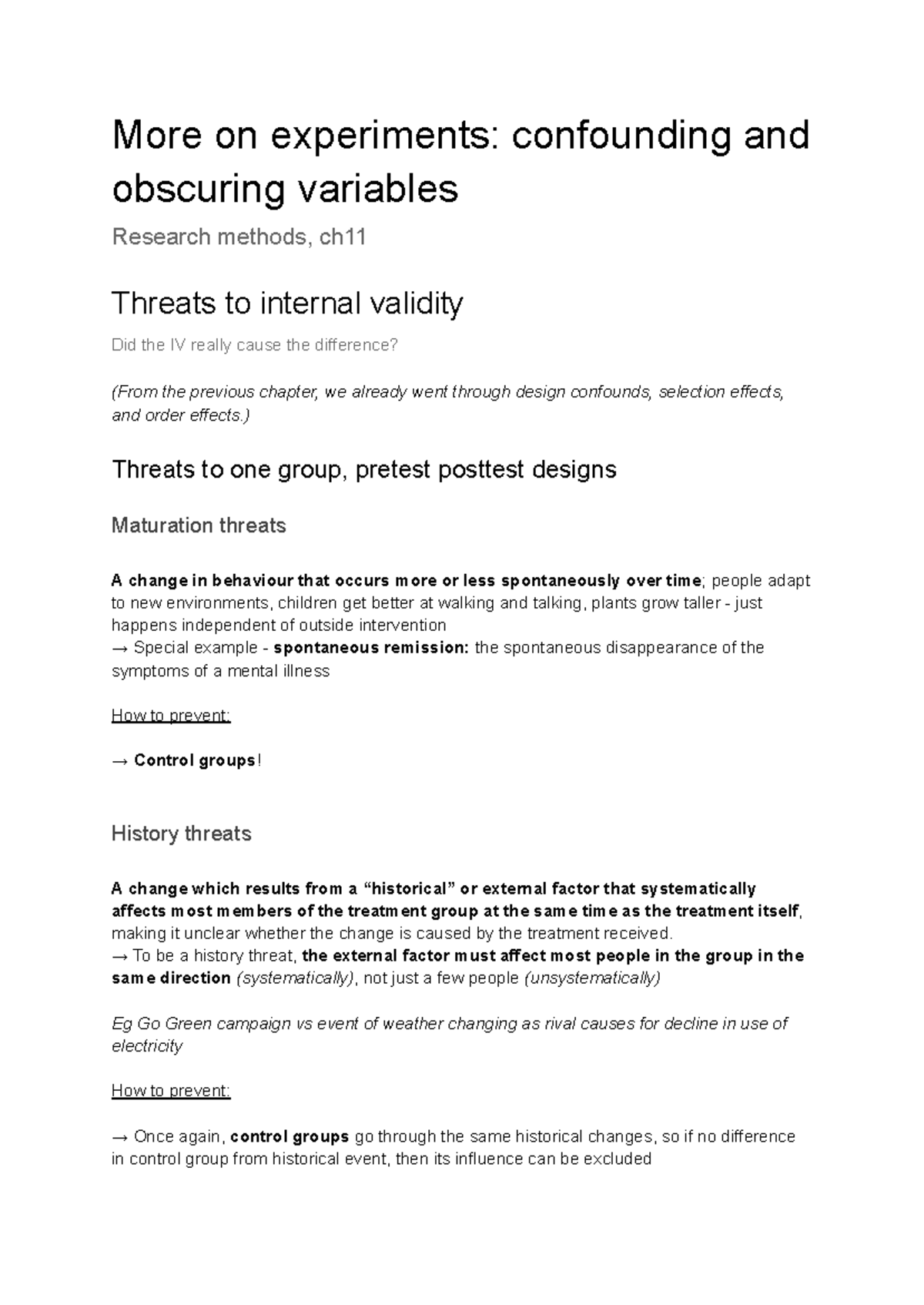 Ch11 Research Methods: Threats to Internal Validity Explained - Studeersnel