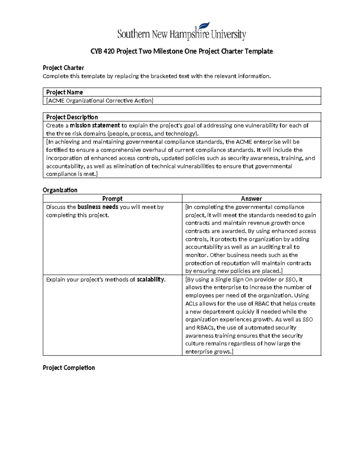 CYB 420 Project Two Milestone One: Project Charter Overview - Studocu