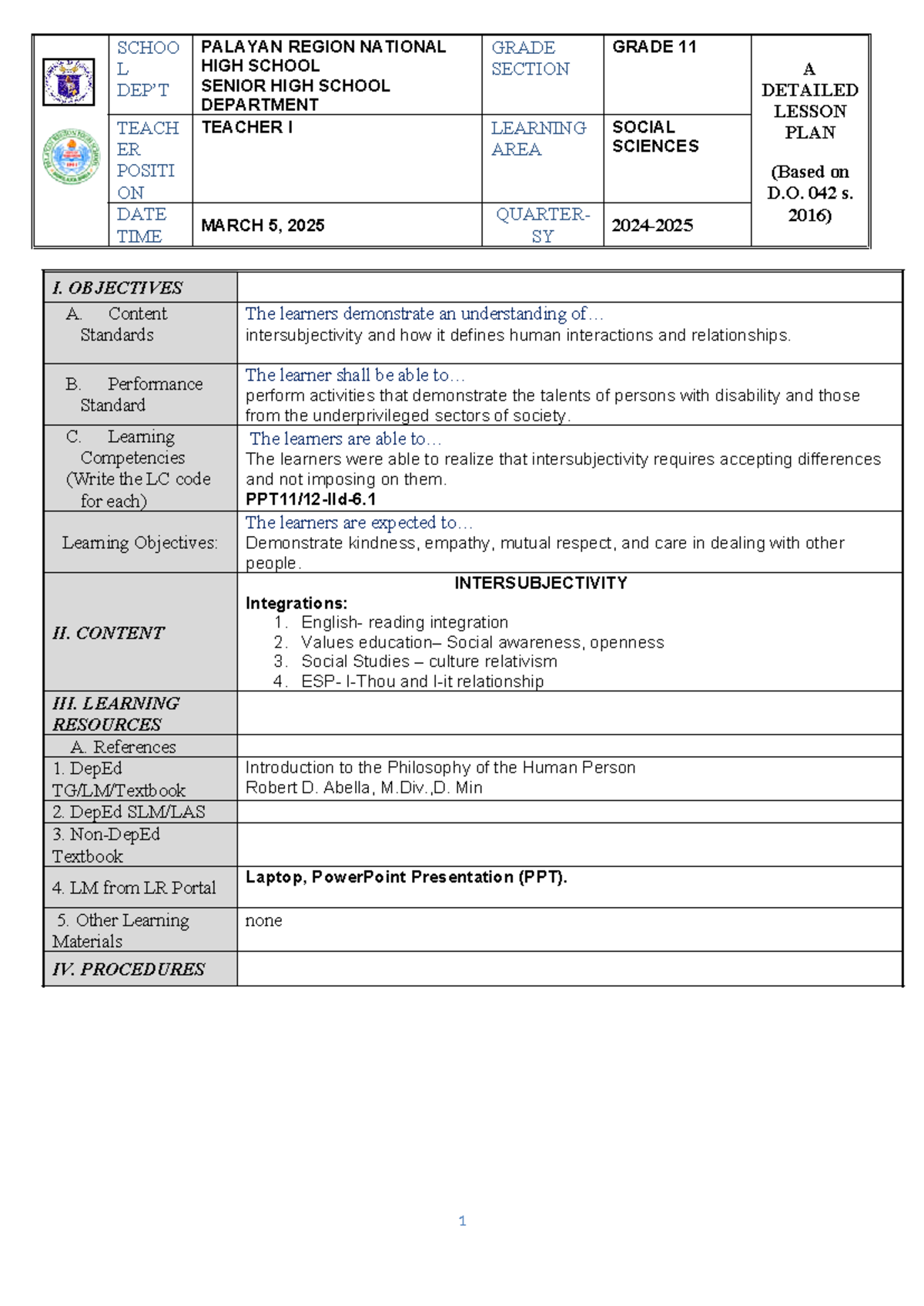 lesson plan sample - I. OBJECTIVES A. Content Standards The learners ...