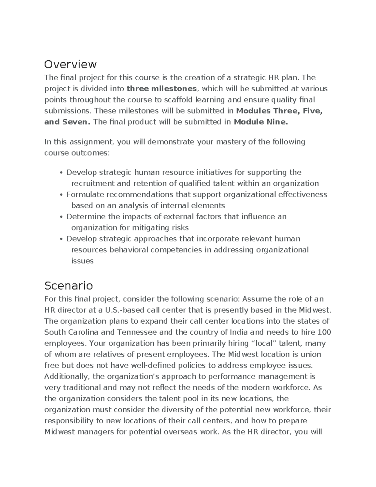 600 Final Project Overview: Strategic HR Plan Development - Studocu