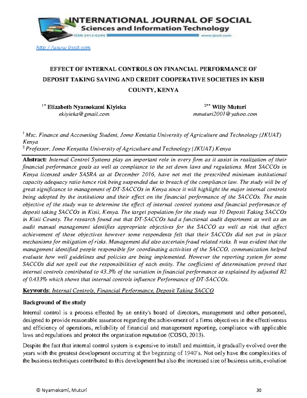 Effect of Internal Controls on Financial Performance of Deposit Taking ...