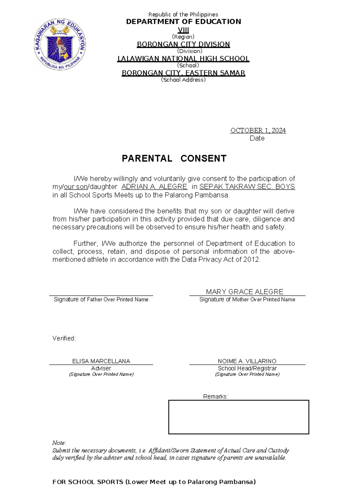 Parental Consent for Adrian A. Alegre in Sepak Takraw Sports - Studocu