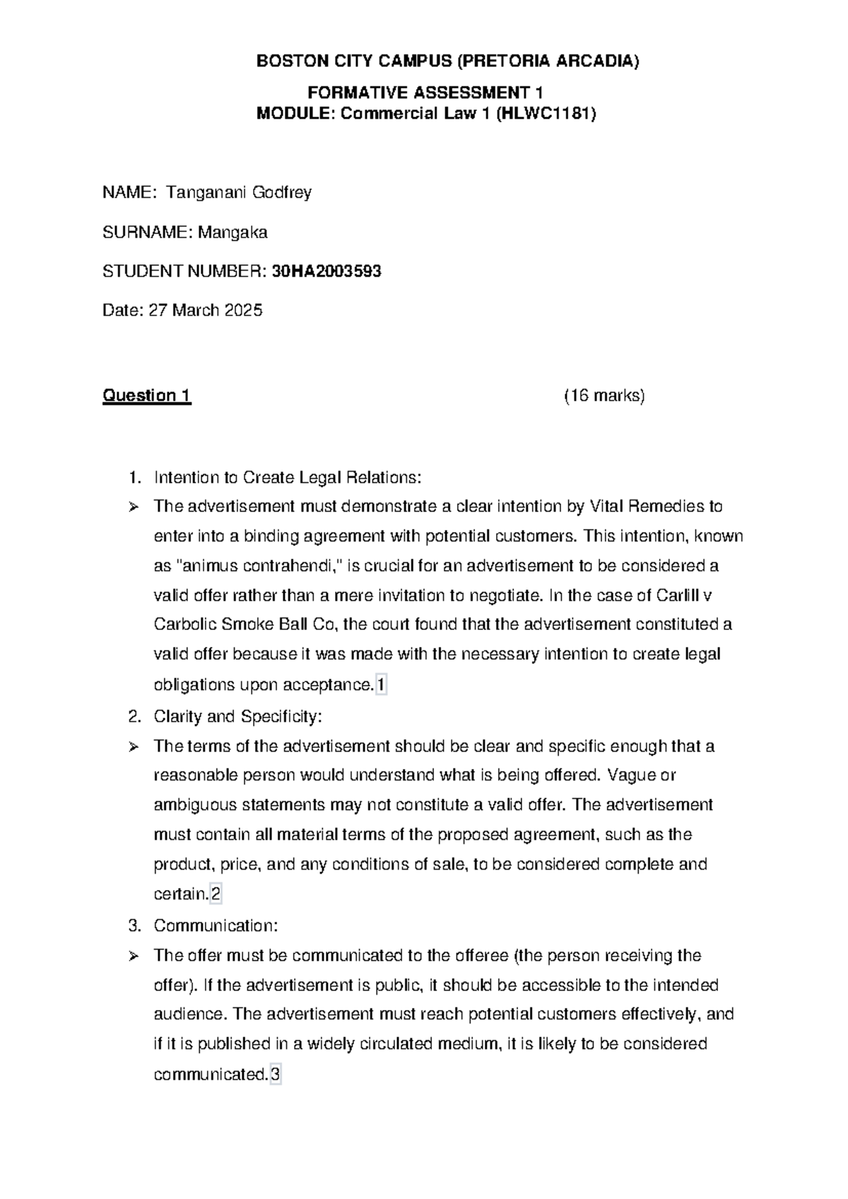 Commercial Law 1 (HLWC1181) Formative Assessment 1 Overview and Key ...