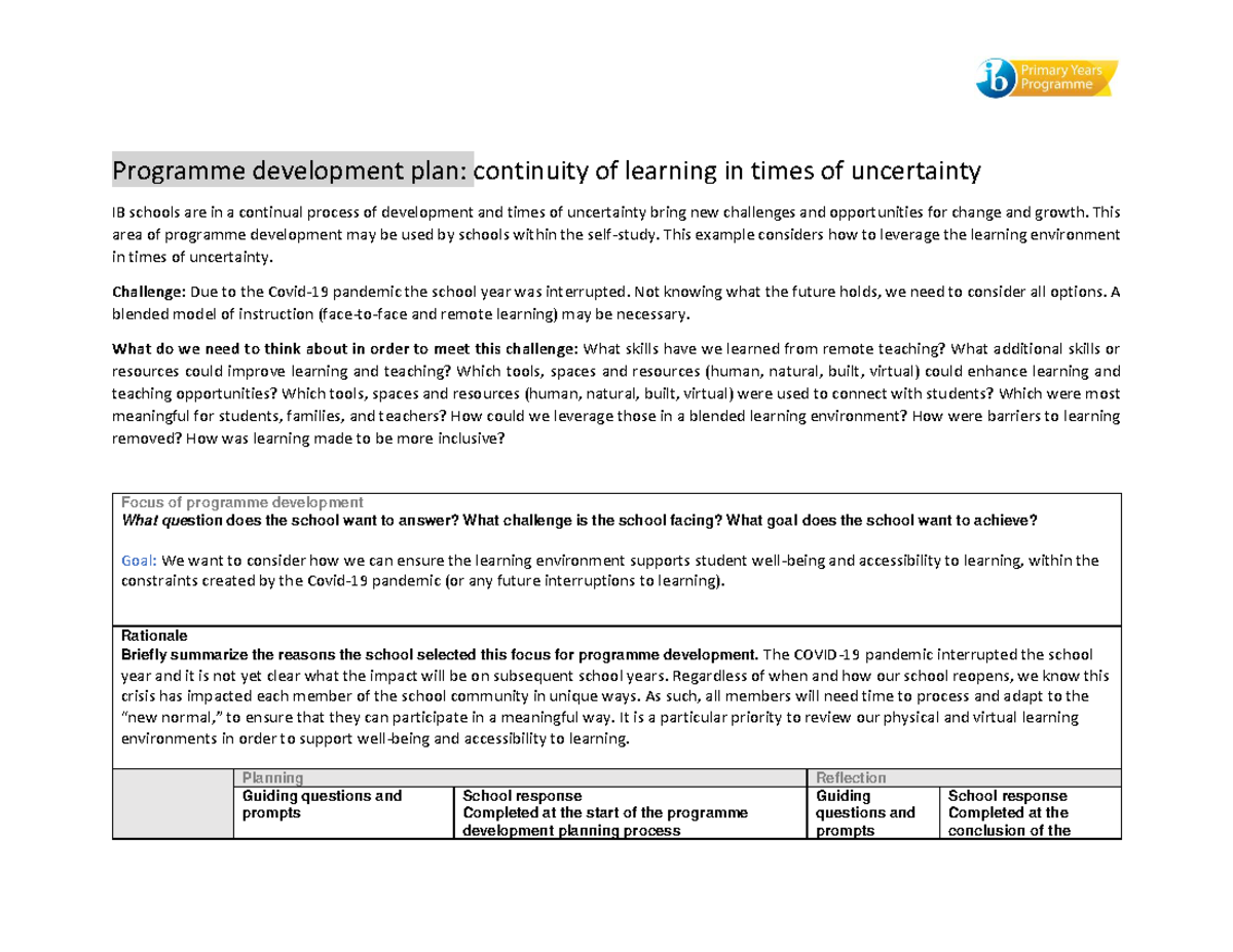 PDP Sample MYP: Continuity of Learning in Uncertain Times - Studocu