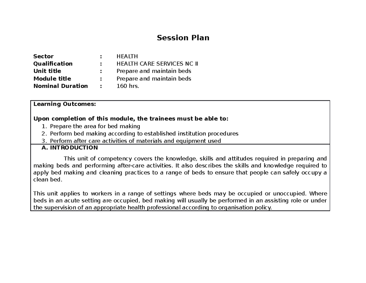 Session Plan for Health Care Services NC II: Bed Preparation Module ...