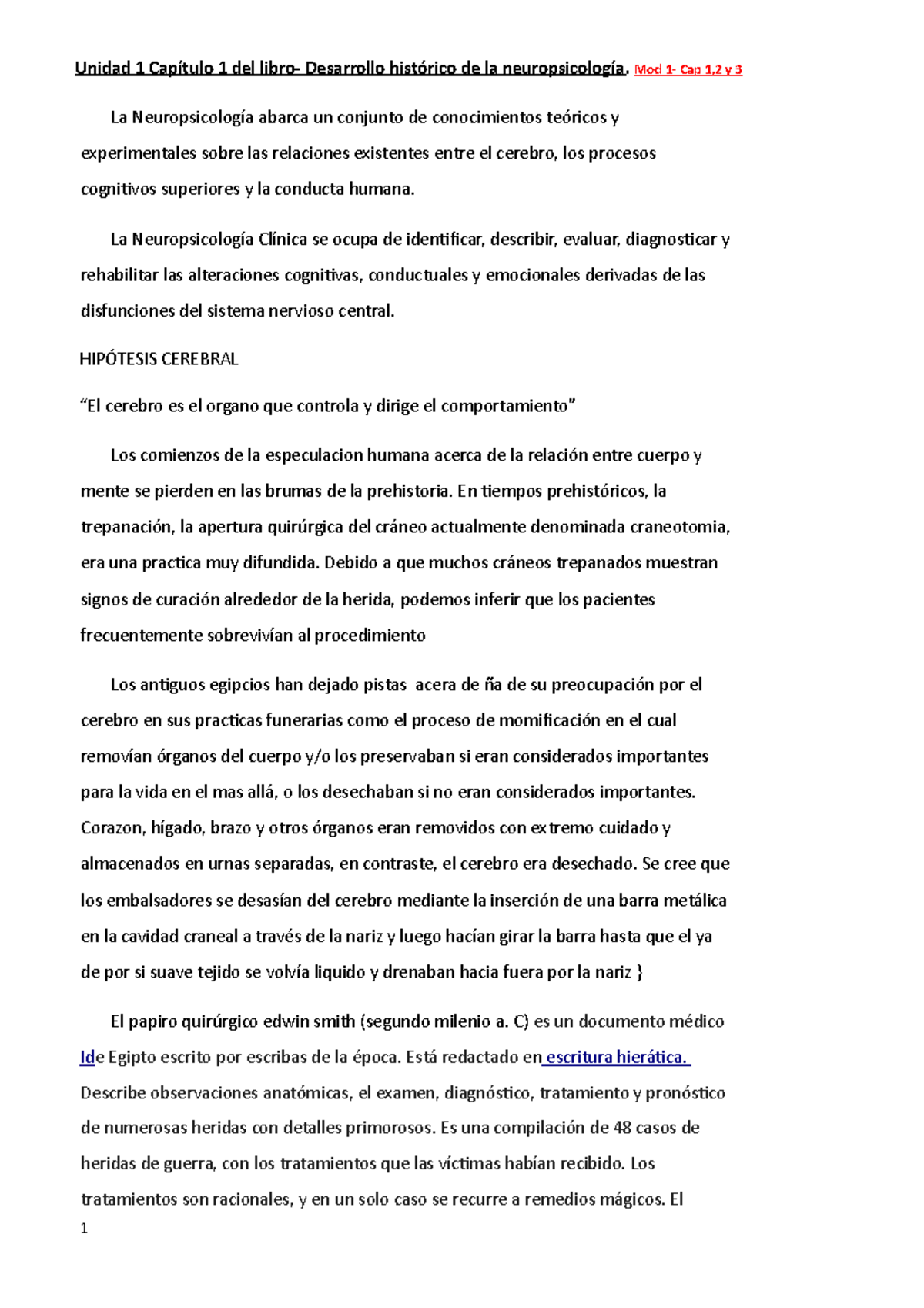 Materia: Neuropsicologia - Resumen para el 1 parcial - Unidad 1 ...