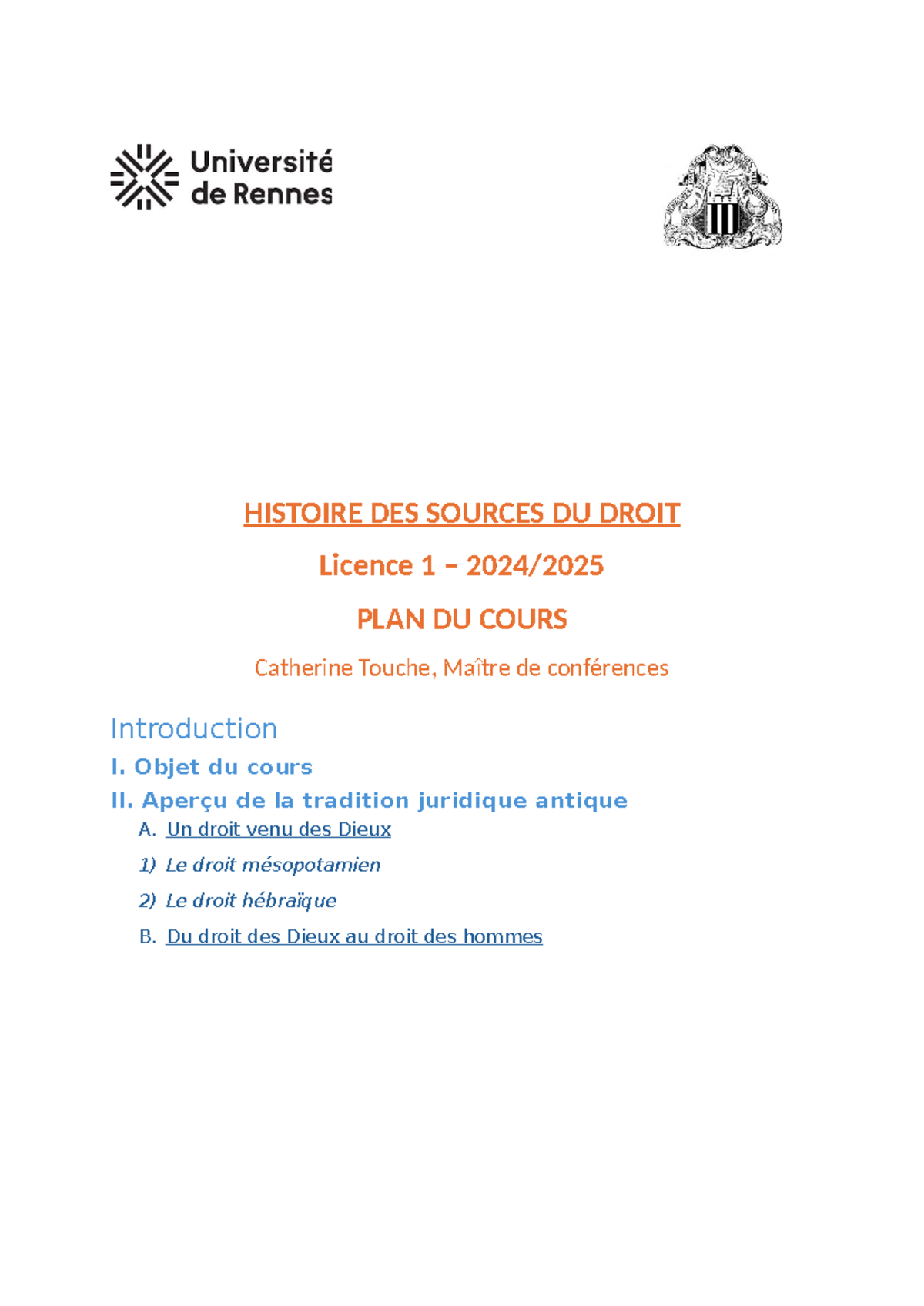 HISTOIRE DES SOURCES DU DROIT - Licence 1 - Plan de Cours - Studocu