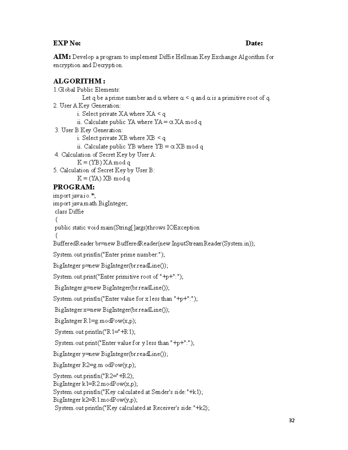 EXP 6 CNS - Implementation of Diffie-Hellman Key Exchange Algorithm ...